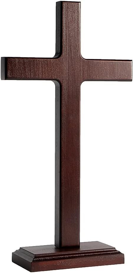 KUXBET Wooden Wall Cross with Stand for Hanging or Standing 12.5 Inch Jesus Christ Catholic Wood Crafted Cross for Wall Decoration Table Home Decor