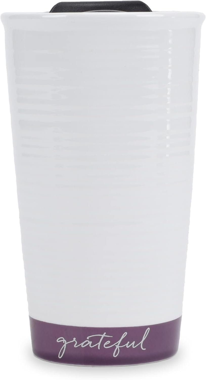 Lighthouse Christian Products Grateful Textured Dipped 12 ounce Ceramic Stoneware Travel Tumbler Mug, Dark Purple