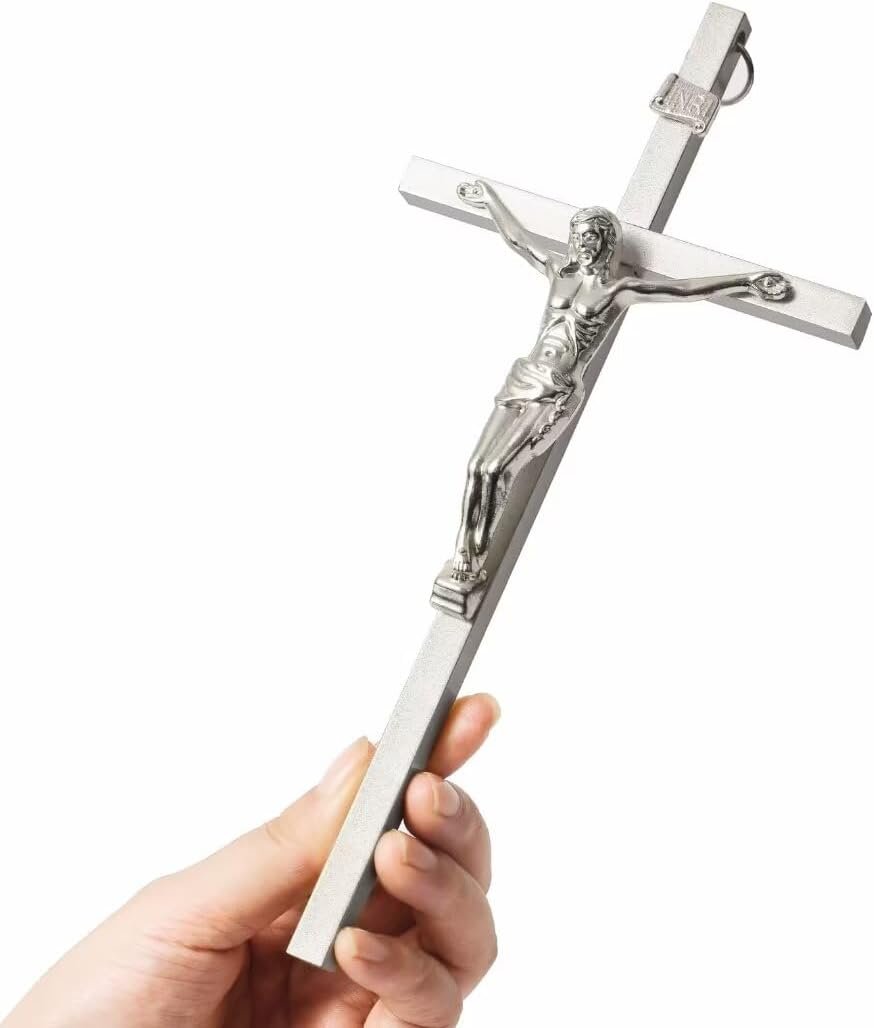VINETEN Crucifix Wall Cross- Silver Metal Slender Catholic Crosses