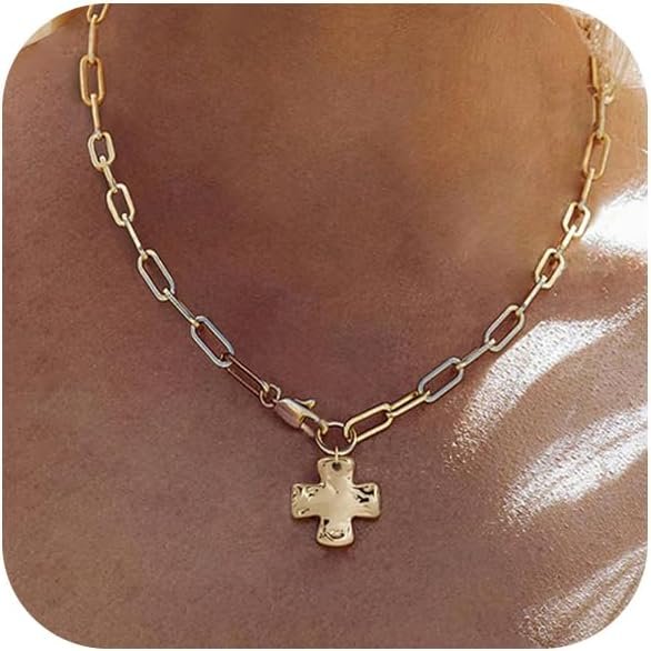 Bheop Chunky Cross Necklace for Women, 14K Gold Silver Statement Necklace