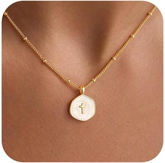 M MOOHAM Enamel Mini Cross Necklace for Women Girl, 14K Gold Plated Jewelry
