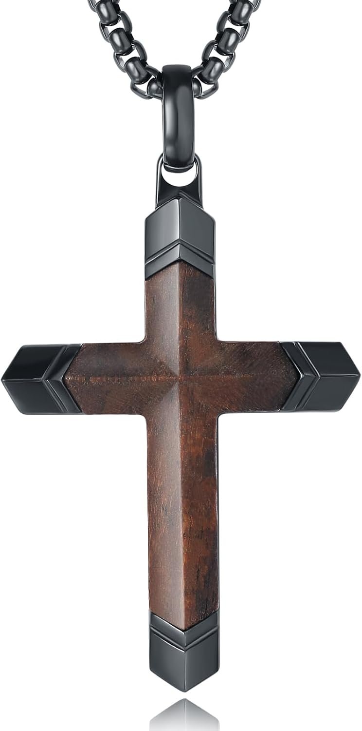 Wooden Cross Necklace for Men, Real Ebony Inset In Black Stainless Steel Christian Wood Crucifix Pendant, Adjustable Necklace 24+2″ Box Chain