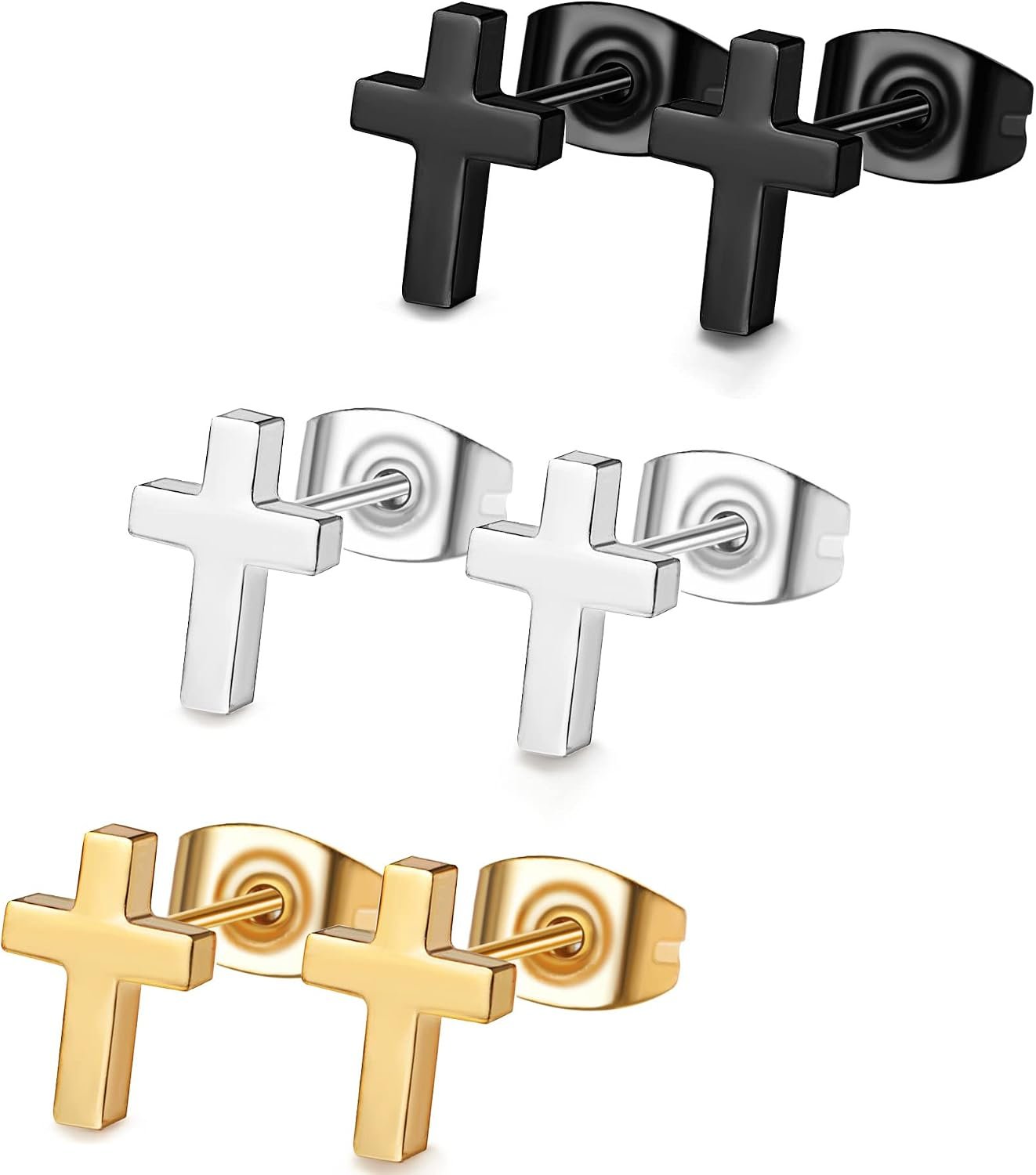 FUNRUN JEWELRY 3Pairs Stainless Steel Cross Earrings for Women Men – Hypoallergenic Tiny Dainty Studs, Lightweight & Comfortable Daily Wear