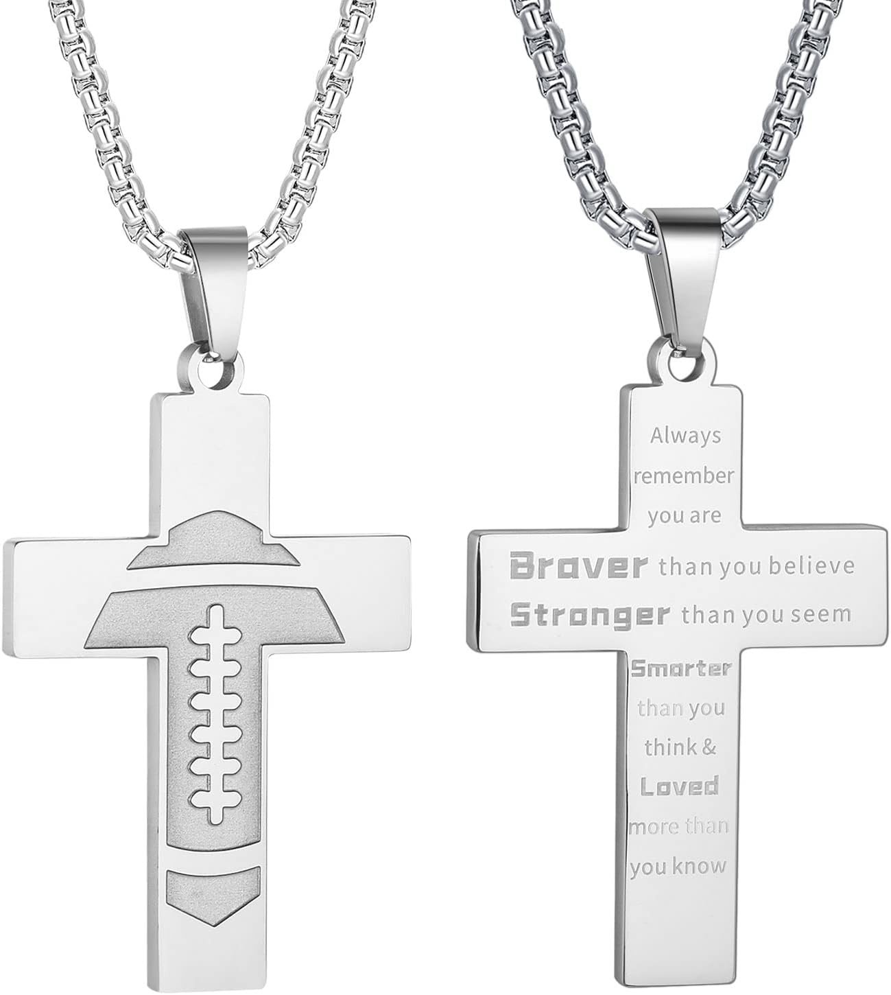 Football Cross Necklace for Boys Inspirational Bible Verse Cross Pendant Stainless Steel Chain 22+2 inch Football Sports Jewelry Football Gift for Men Women