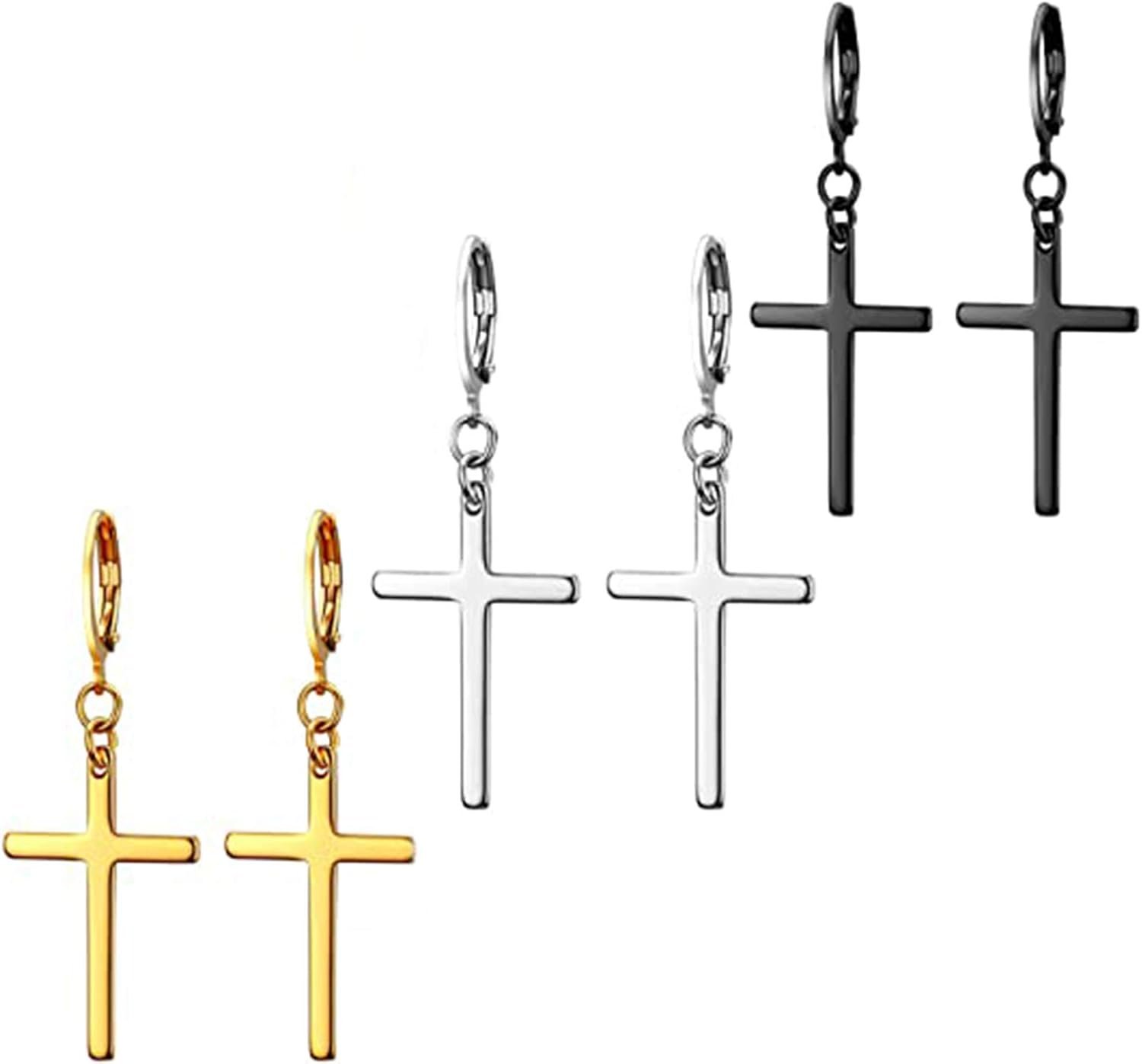 3 Pairs Cross Earrings for Men Women – Stainless Steel Hoop Dangle Drop Cross Earrings Silver Gold Black
