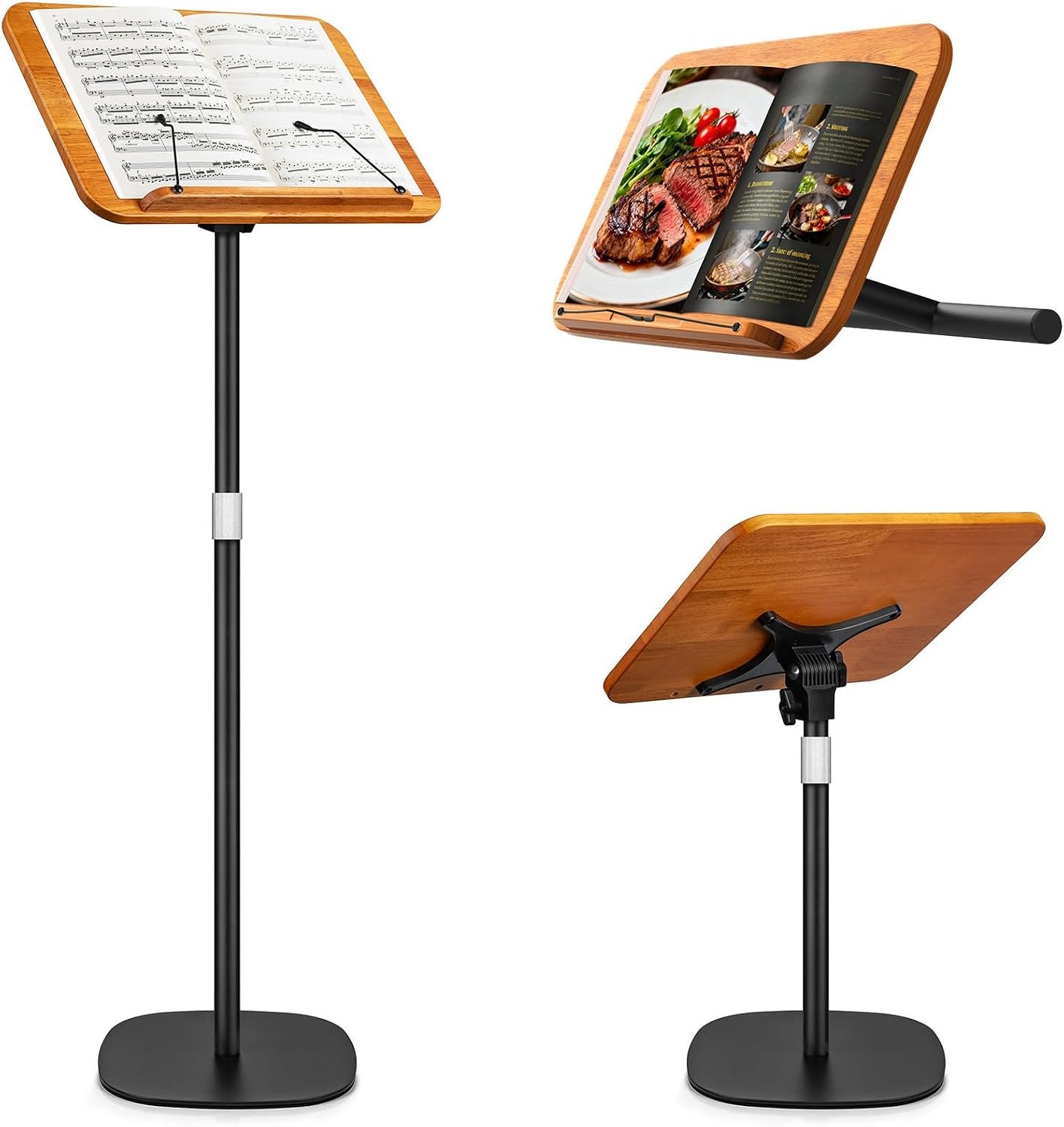 2 in 1 Dual-use Music Stand & Desktop Book Stand, Adjustable Height 16.5″-51″, 100% Solid Wood Laptop Floor Stand Book Holder with Elastic Page Clips for Cookbooks (Brown)