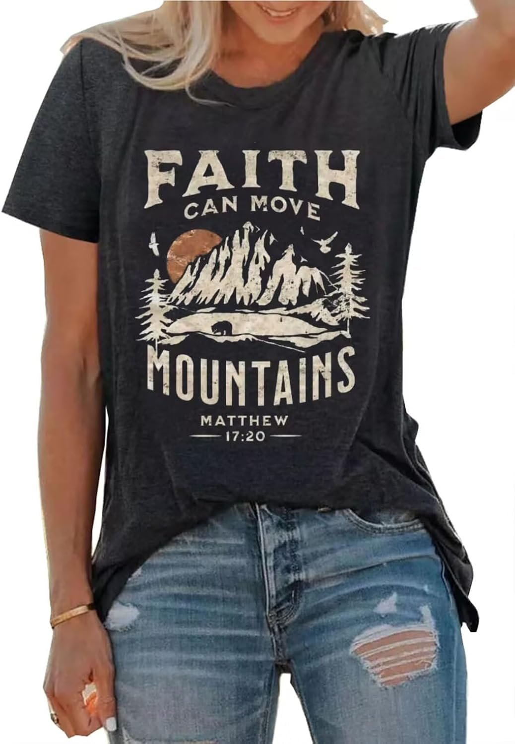 Faith Shirt for Women Pine Tree Sun Mountain Graphic Camping Hiking Tshirt
