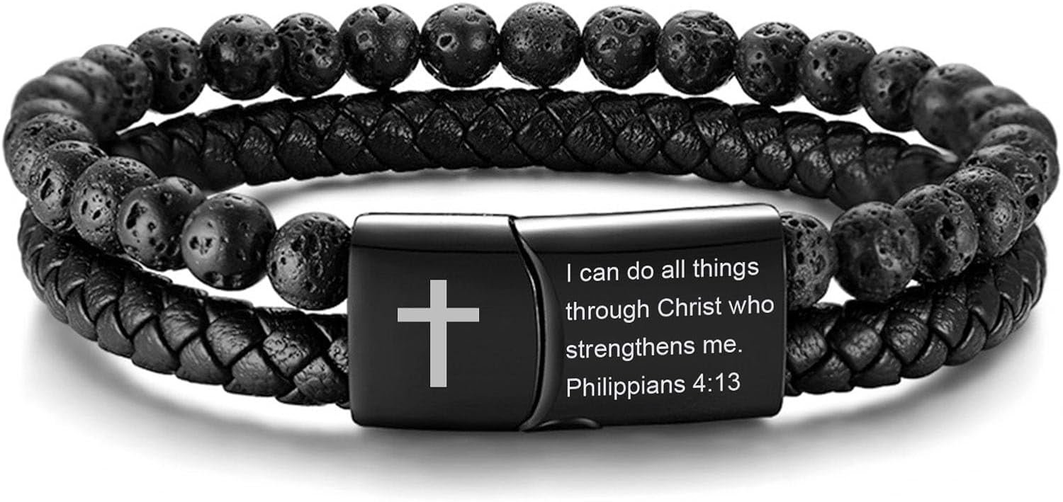 Men’s Cross Bracelet for Men : Inspirational Bible Verse Black Leather Bracelets Christian Catholic Religious Jewelry Gifts Ideas for Man, Healing Lava Rock Bead Cross Bracelet Leather Wristband