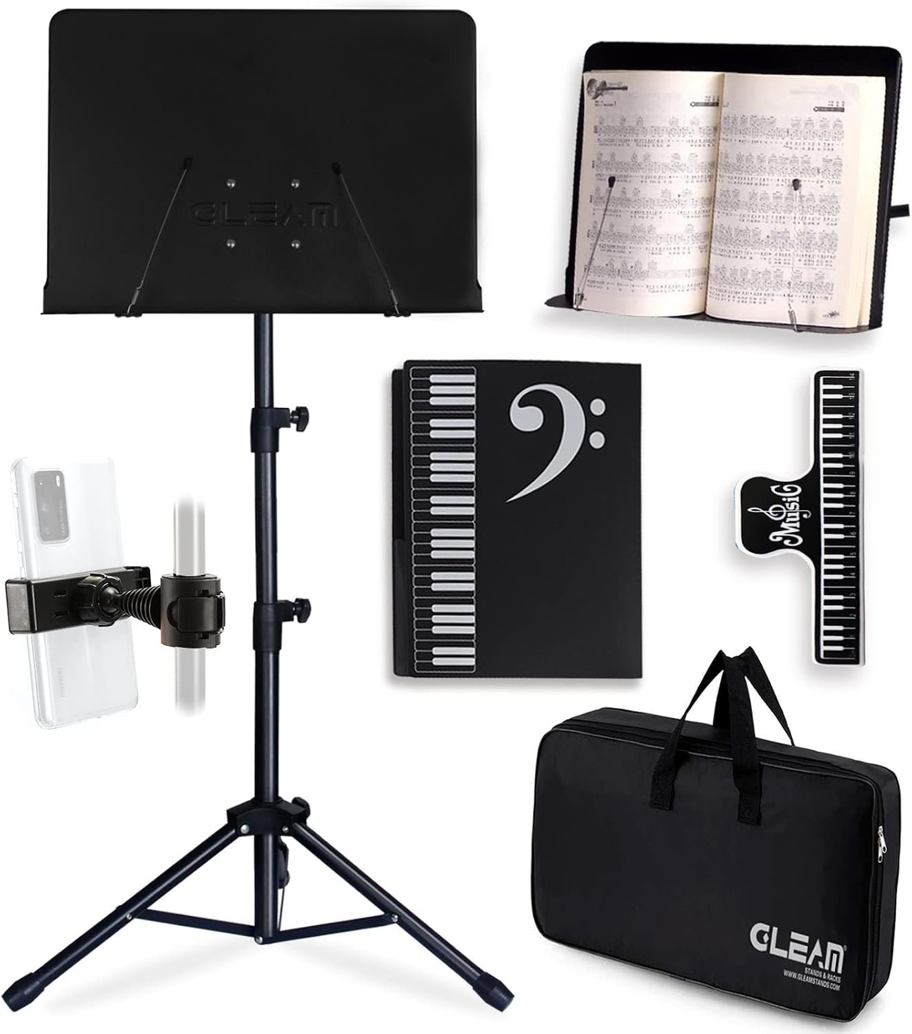 GLEAM Sheet Music Stand – Full Metal with Carrying Bag, Phone Holder, Sheet Music Folder and Clip, 5 in 1 Desktop Book Stand – Black