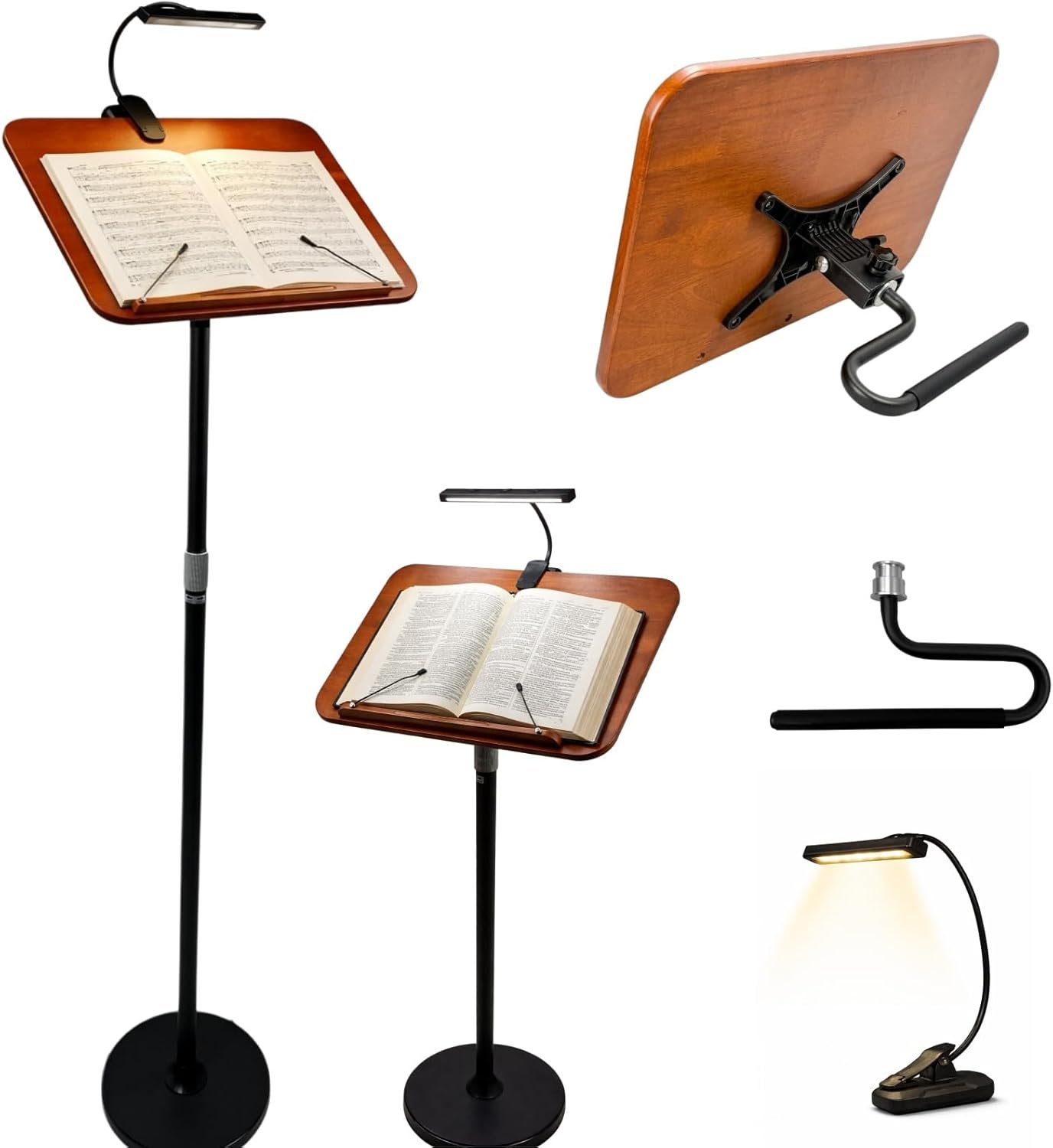 2 in 1 Multiplel-Use Music Stand with Light, Book Holder for Reading, Height Adjustable 18”-55” Bible Shtender, Portable Podium Stand, Wood Table Stand for Laptop, Classroom, Church, Speech