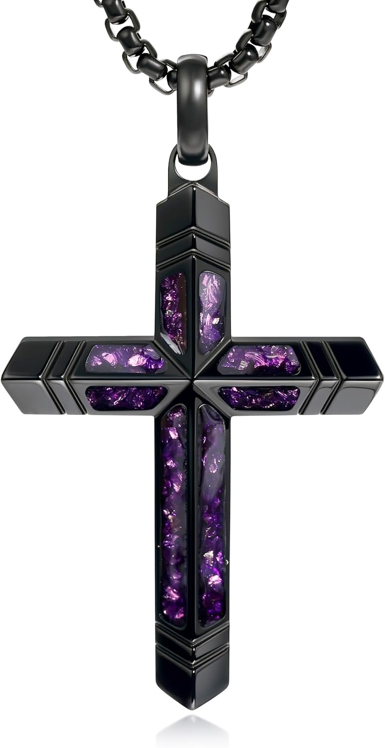 Amethyst Cross Necklace for Men with Adjustable Box Chain For Everyday Wear Christian Men’s Cross Necklace Jewelry Gifts