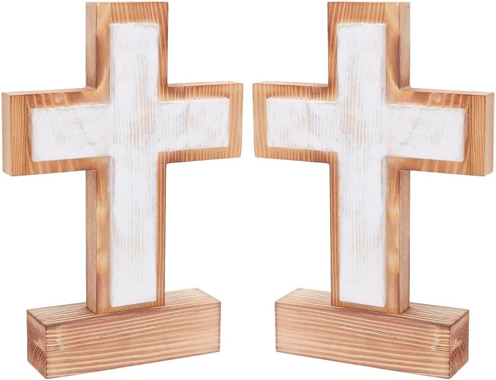 ACRNIGHEET 2 Pack Rustic Wooden Cross with Removable Base, Tabletop Christian Spiritual Decoration, Tabletop Standing Cross for Church Faith Home Decor 7.1 x 9.5 Inches