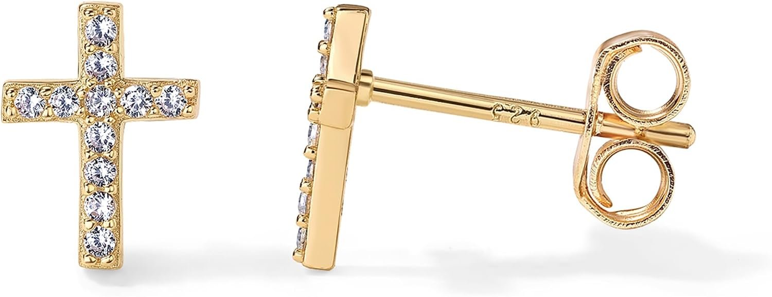 PAVOI 14K Gold Plated 925 Sterling Silver Posts Cross Earrings for Women | Small Religious Faith Cubic Zirconia Cross Studs Huggies Earrings