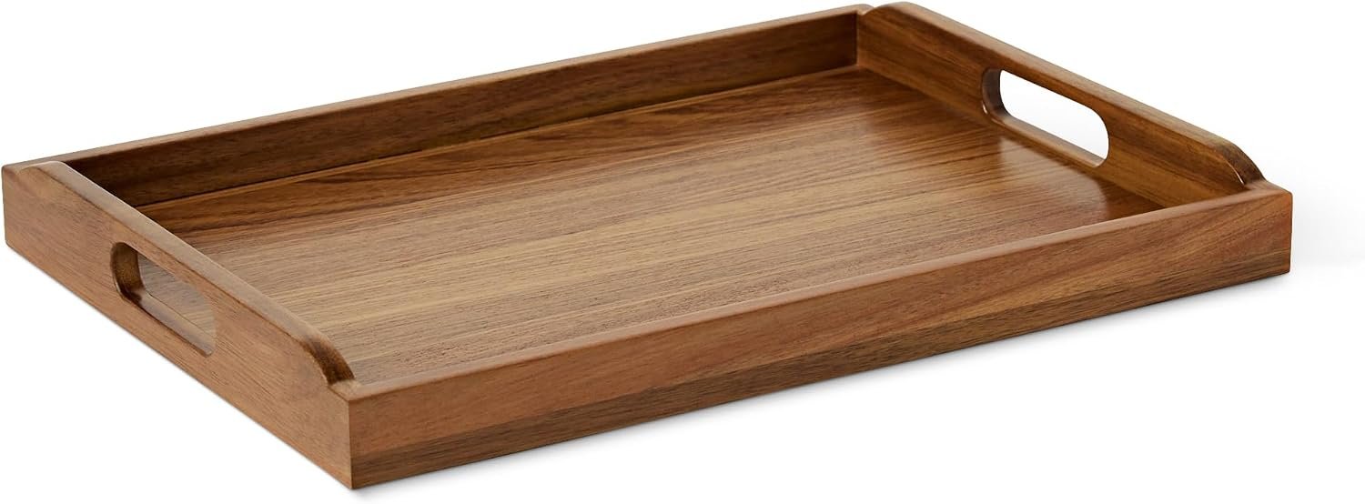 Amazon Basics Wooden Serving Tray, 17″ x 12″ Acacia Wood Decorative Tray Platter With Built-in Handles for Breakfast in Bed, Food & Drinks, Entertaining, Coffee Table & Ottoman