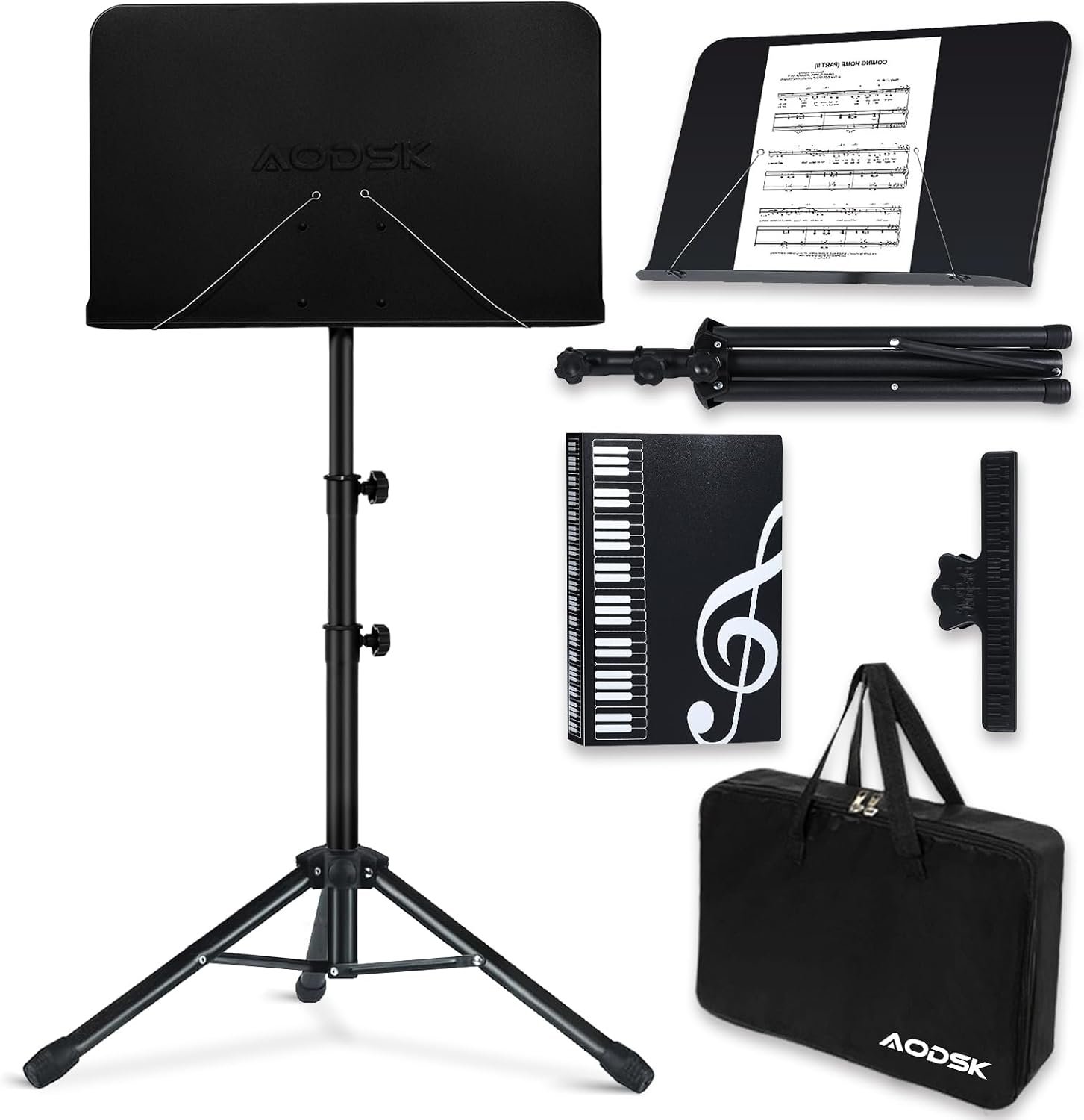 AODSK Sheet Music Stand,5 in 1 Dual-Use Folding Sheet Music Stand & Desktop Book Stand with Portable Carrying Bag & Music Sheet Clip Holder & Sheet Music Book(Black) (AS-M55)