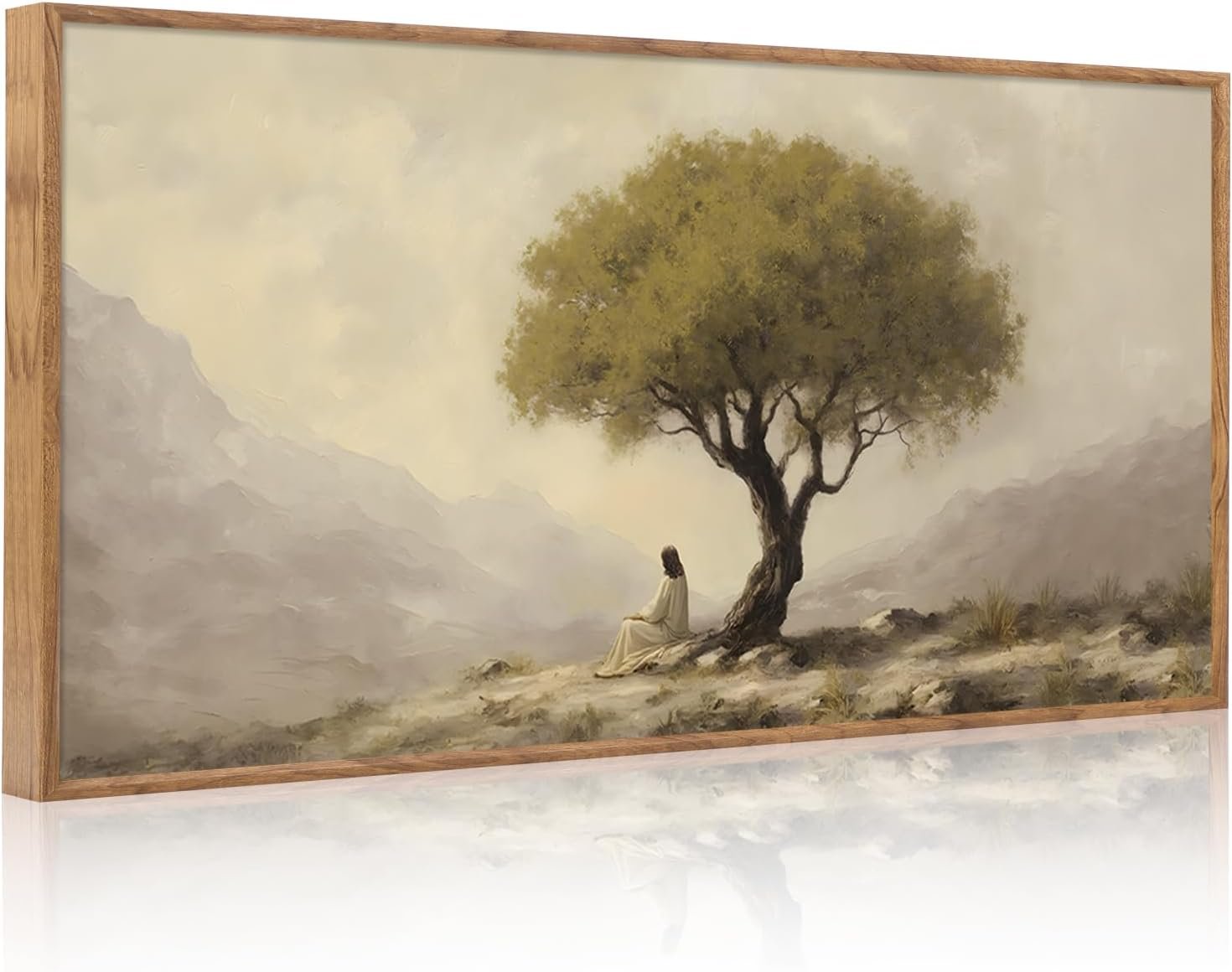 HLNIUC Jesus Sitting Under Olive Tree Canvas Wall Art,Religious Christian Horizontal Wall Decor,Easter God Bible Story Framed Artwork(40×20),Vintage Garden of Gethsemane Prints for Church,Living Room