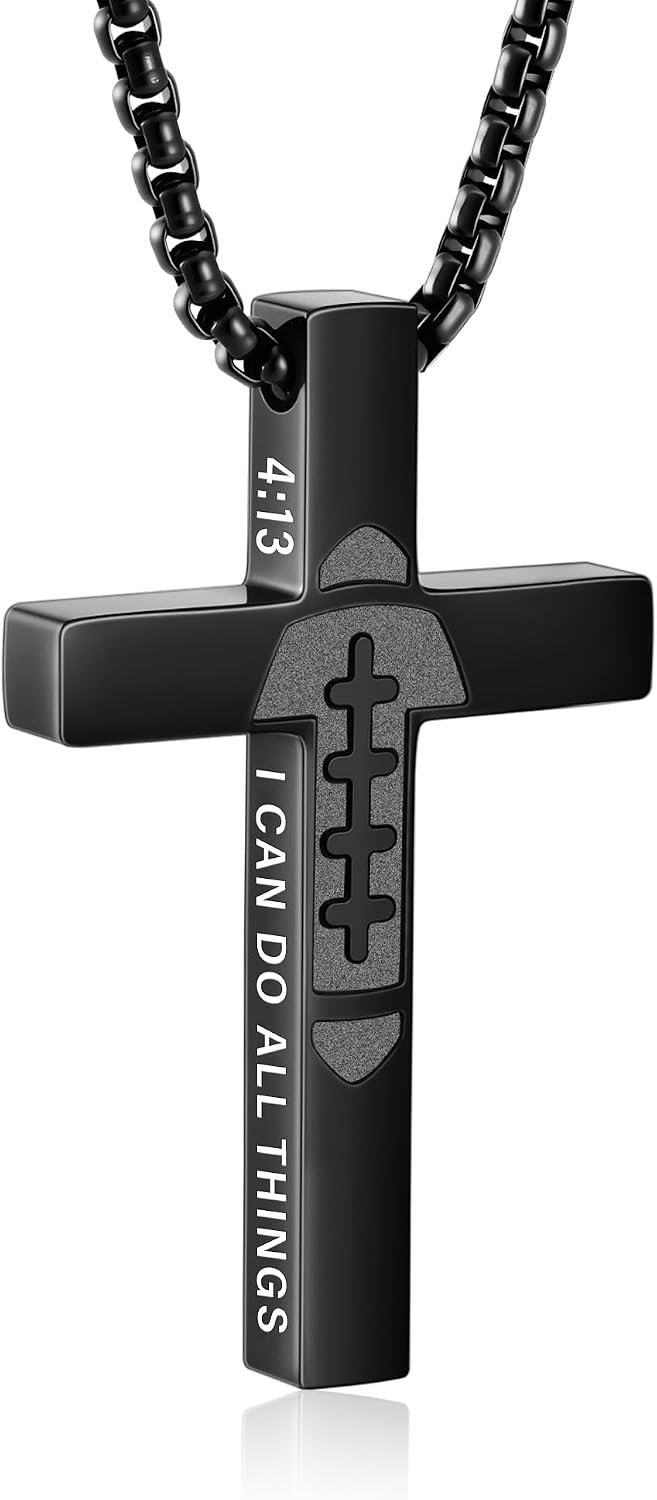 Football Game Day Cross Necklace for Boys Men, Stainless Steel Bible Verse Cross Pendant Chain Sports Gear Stuff Christian Religious Jewelry Gifts