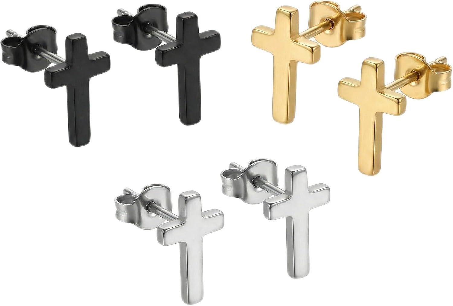 3Pairs Cross Earrings Stud Set for Men Women Stainless Steel Black Silver Gold Tiny Cross Earring Aretes Mens Jewelry Minimalist Stud Earings Fashion Accessories