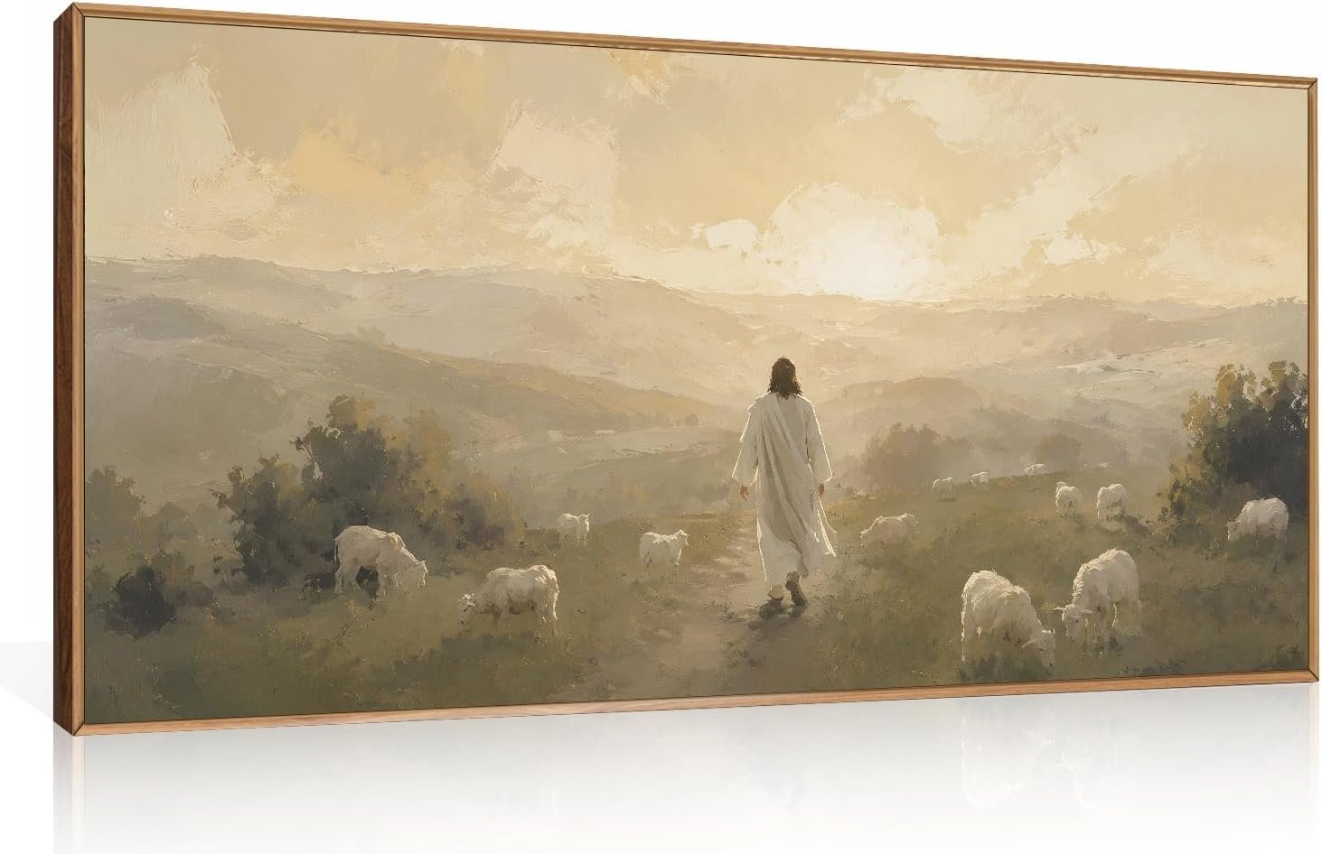 HLNIUC Vintage Jesus Lamb Framed Canvas Wall Art,Abstract Christian Bible Horizontal Wall Decor,Religious Sunset Artwork(40×20),Large Texture Nature Landscape Prints for Living Room,Bedroom,Church