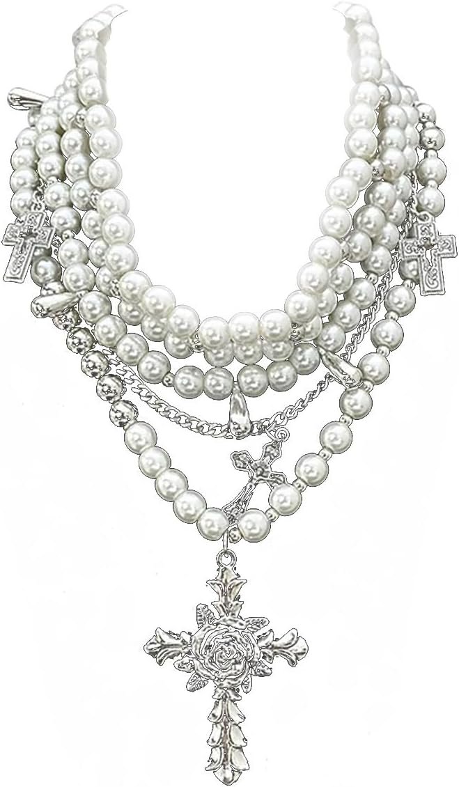 Layered Pearl Necklace Gothic Cross Pearl Stacked Necklace for Women