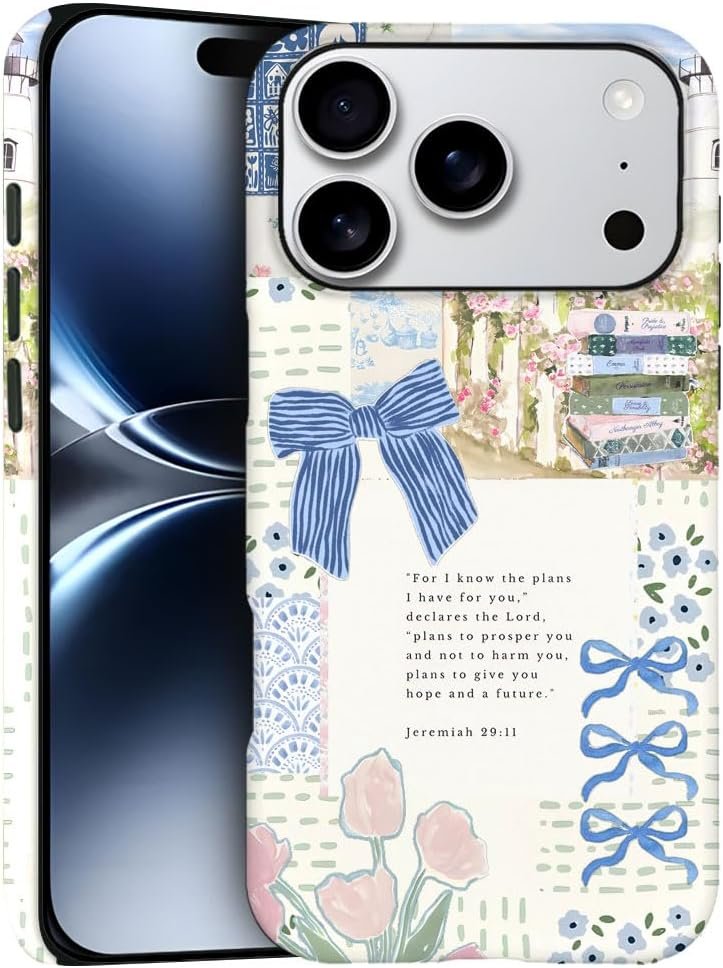 Case for iPhone 18 Pro/iPhone 17 Pro – Slim Fit Anti-Scratch Phone Case for Girl Women – Christian Blue Bow God Religious (Frosted)