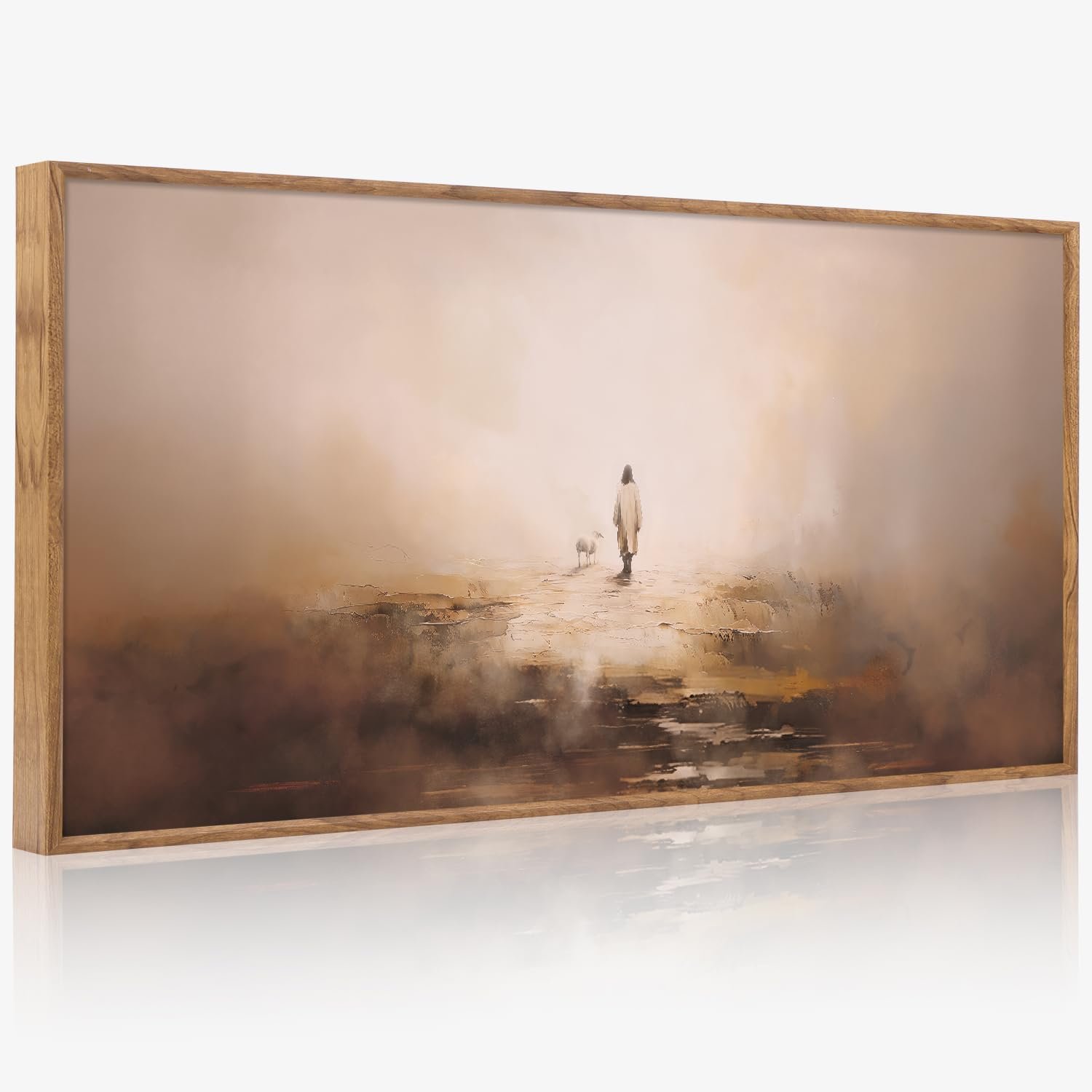 Aurlan Jesus Good Shepherd Lost Sheep Framed Canvas Wall Art 40×20 Inch