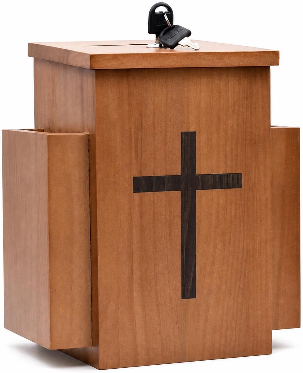 Prayer Request Box with Lock – Wooden Church Donation Box with Cross