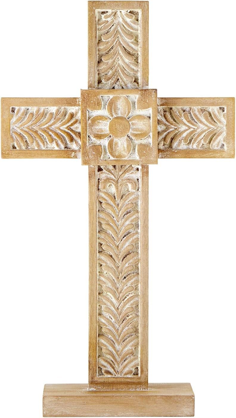 Creative Brands Faithworks – Whitewashed Wood Cross, 8 x 14-Inch, Carved Floral – Standing