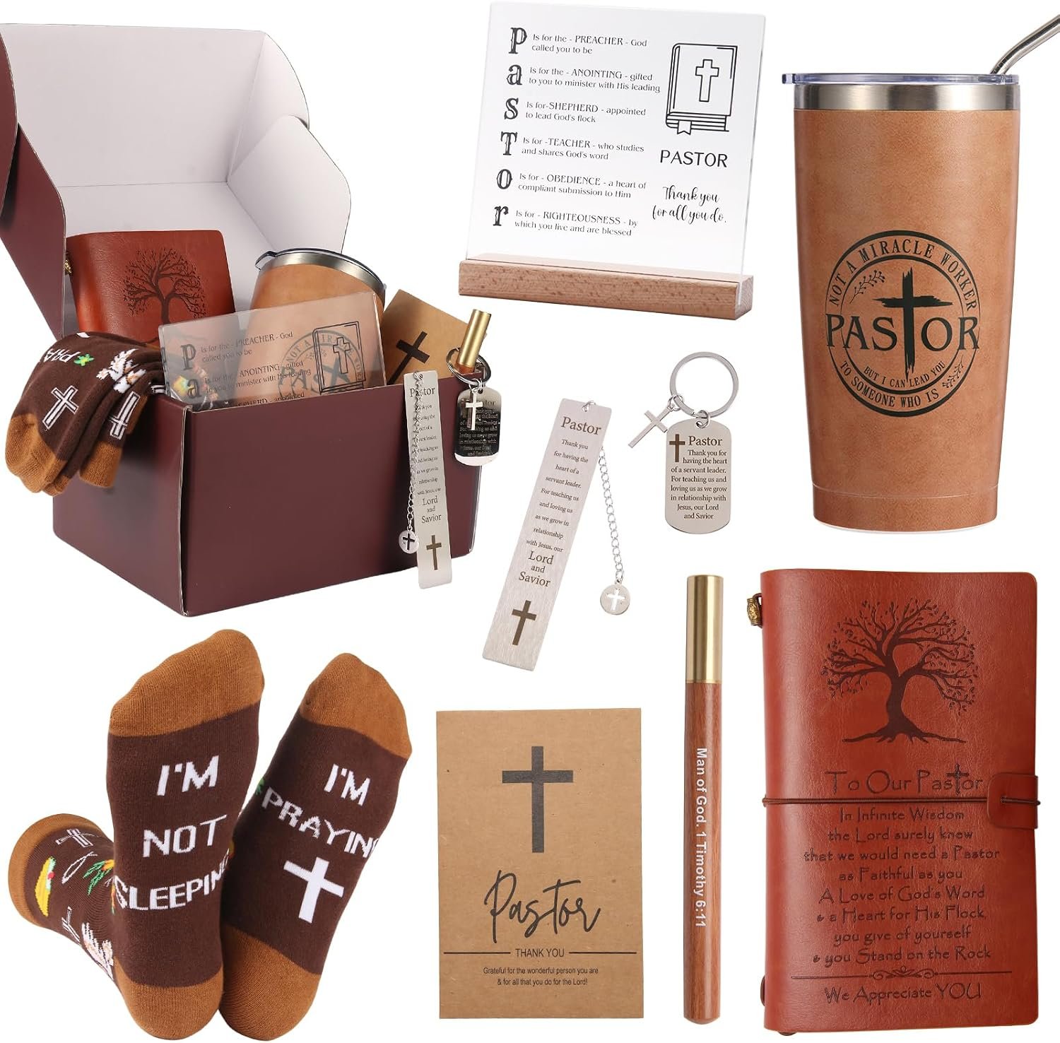 Pastor Appreciation Gifts for Men Christian Pastor Gifts Unique Pastor Gift for Pastors Including Leather Journal Tumbler Keychain Socks Acrylic Medal Pen Bookmarks Card for Birthday Christmas