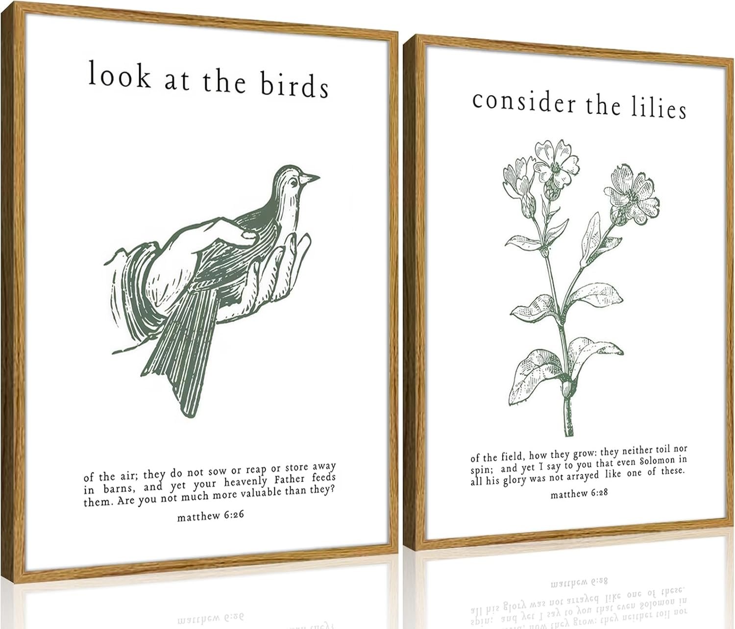 Framed Christian Wall Art Set – Matthew 6:26 “Look at the Birds” & “Consider the Lilies” Catholic Scripture Prints – Inspirational Bible Verse Wall Decor for Home, Church, Bedroom, Living Room12x16 Inches