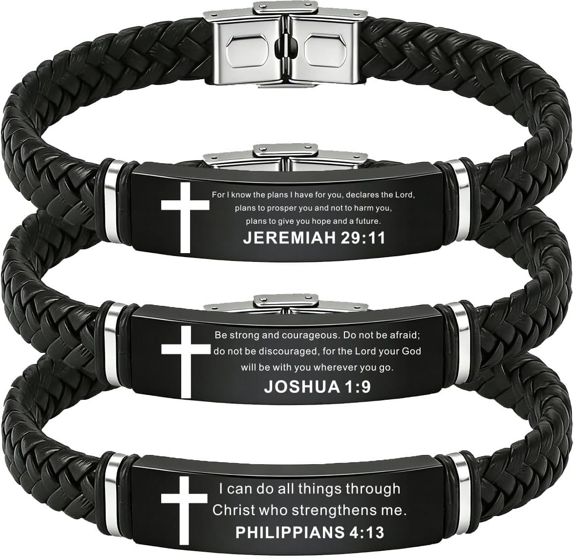 3Pcs Adjustable Christian leather Bracelets, WWJD Bracelet for Men