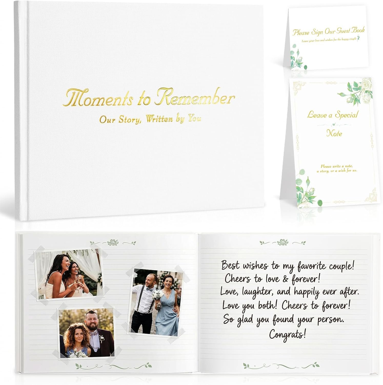Wedding Guest Book Set, White Linen Hardcover, Gold Foil, 120 Pages