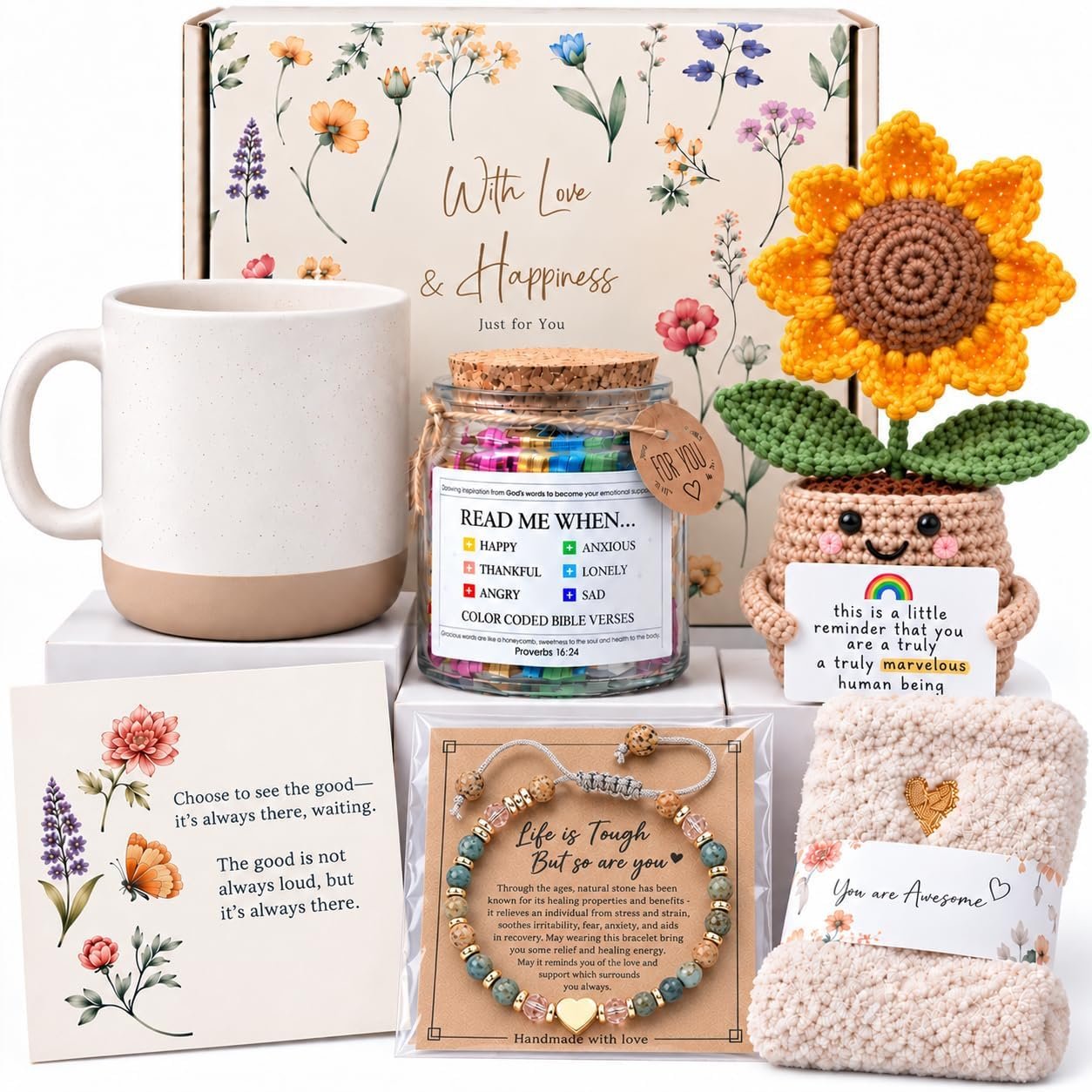 Christian Gifts for Women, Inspirational Gifts Encouragement Gift Box for Her, Crochet Flower Pot, Mug and Inspirational Cards, Meaningful Birthday Friendship Gifts for Mom, Sister, Friend