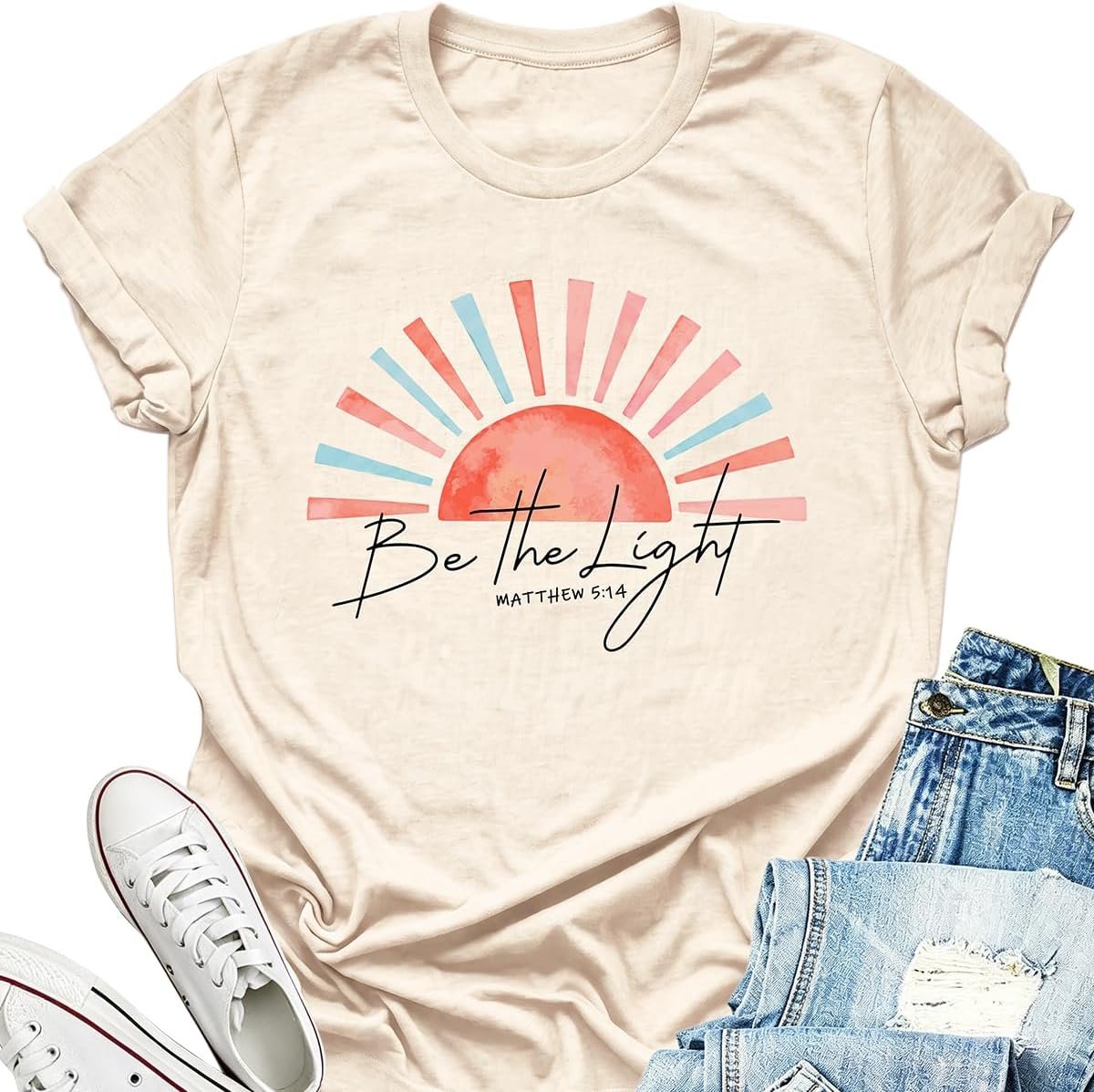 Christian Shirts for Women Be The Light Tshirts Crewneck Graphic Tees Tops