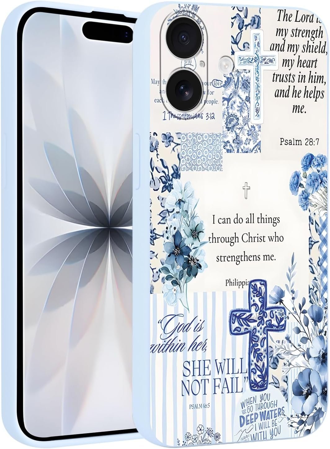 Christian God Phone Case for iPhone 17 6.3″, Western Aesthetic Jesus Verse Bible Cross Design, Floral Flower Print Pattern Cover for Women Man, Soft TPU Protection Funda for iPhone17, Blue