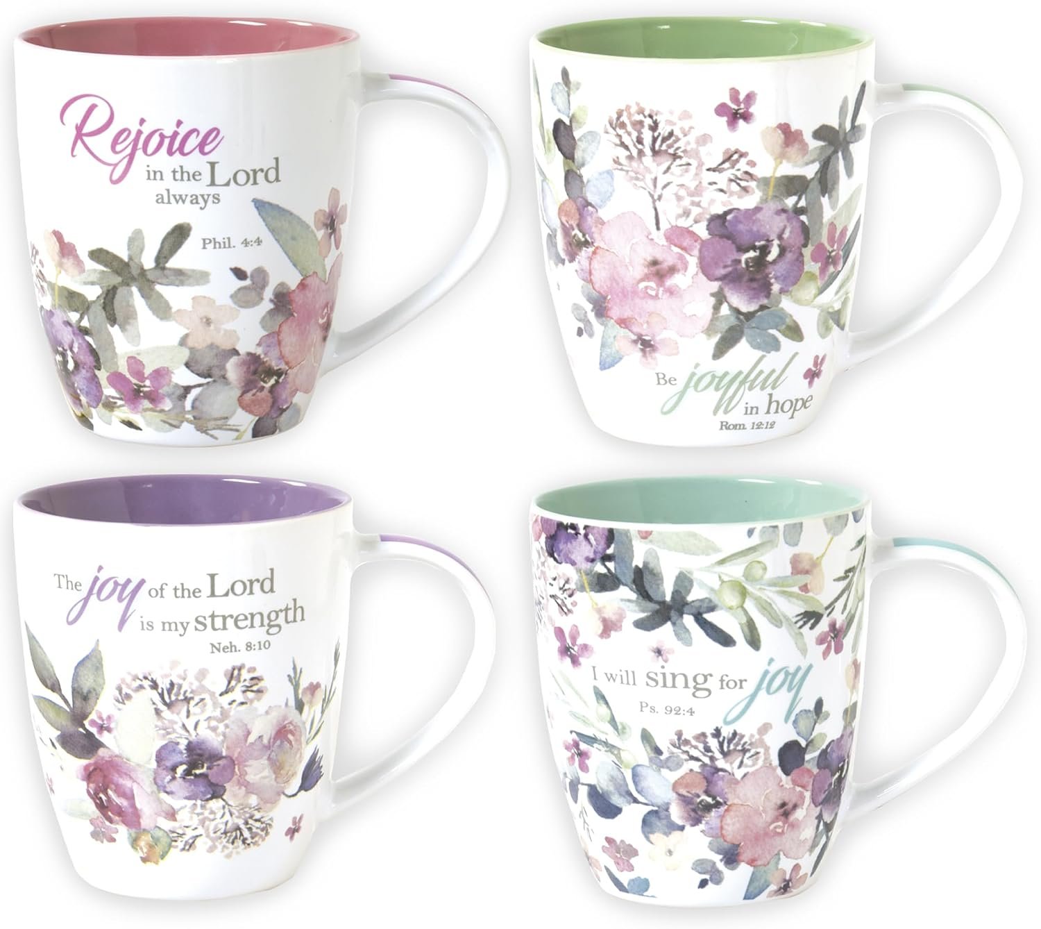 Christian Art Gifts Ceramic Coffee or Tea Mug Set for Women, Rejoice Watercolor Flowers Design Bible Verse Mug Set, Boxed Set of 4 Coffee Cups