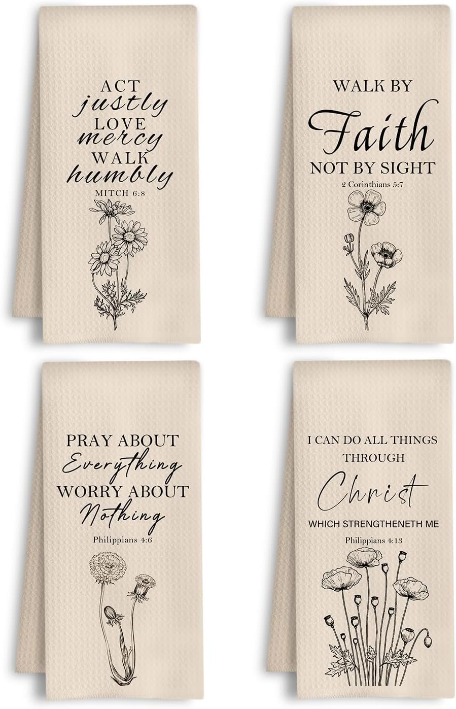 Neutral Christian Floral Kitchen Towels, Bible Verse Decor Dish Tea Towels, I Can Do All Things Through Christ Scripture Decorative Hand Towel for Bathroom Kitchen, 16×24 Inch Set of 4