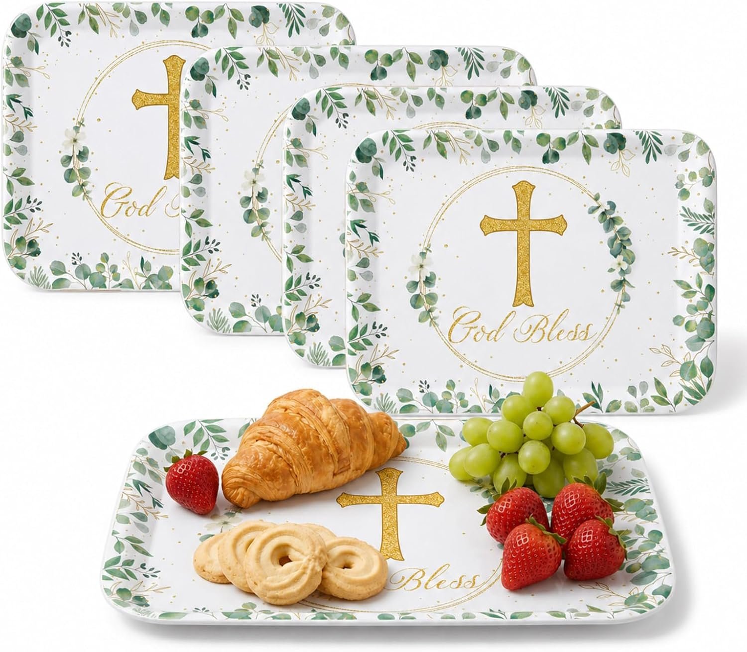 Vesici 4 Pack Eucalyptus God Bless Melamine Serving Trays, 13 x 10 Inch Rectangular Religious Decorative Platters with Gold Cross, Durable Serving Plates for Baptism, First Communion & Church Events