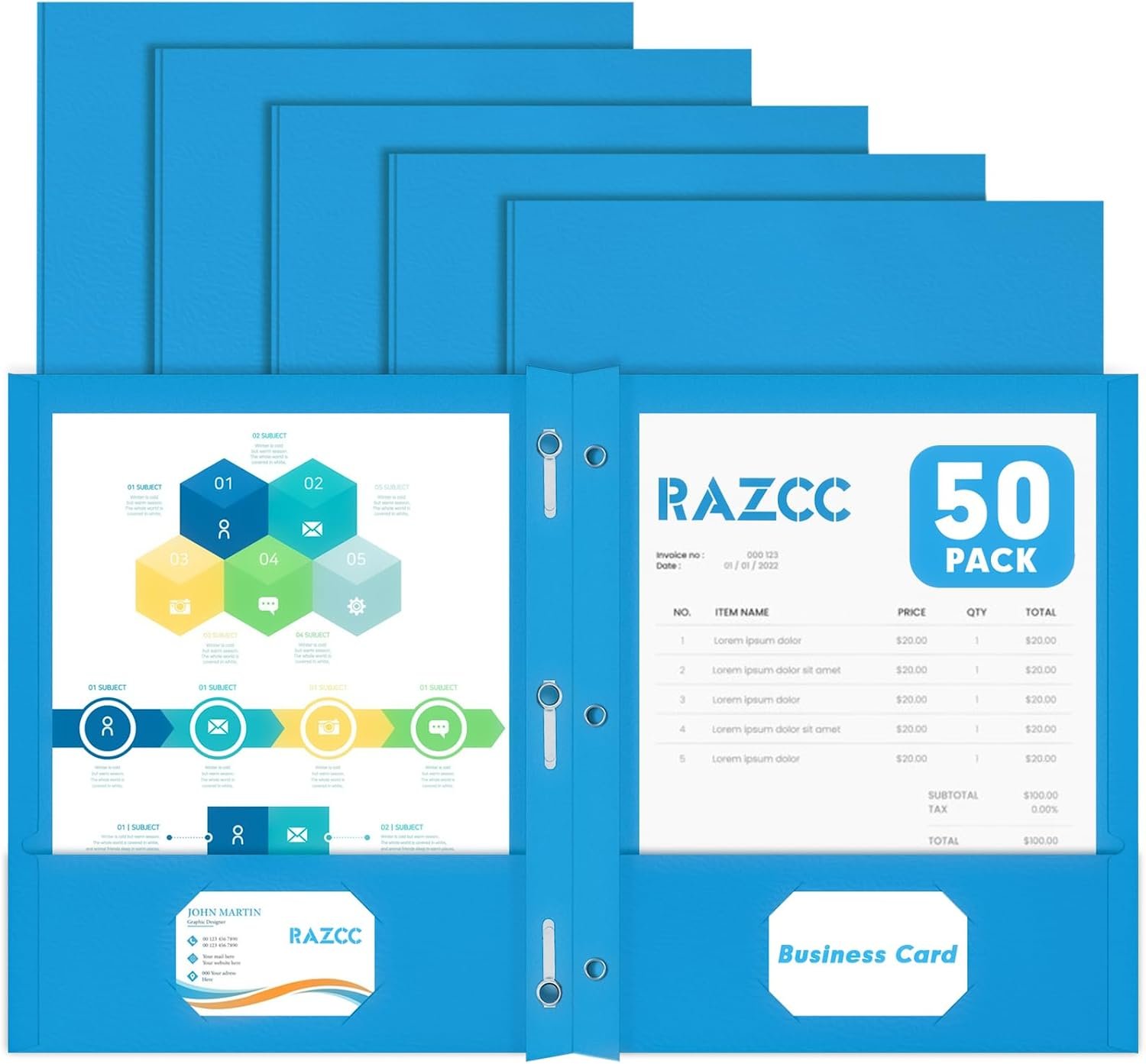 Two Pocket Folders, RAZCC 50 Pack Two Pocket Folders with Prongs, 3 Prong Folders Fit Letter Size Paper, Pocket File Folders for School Office Home Business, Blue