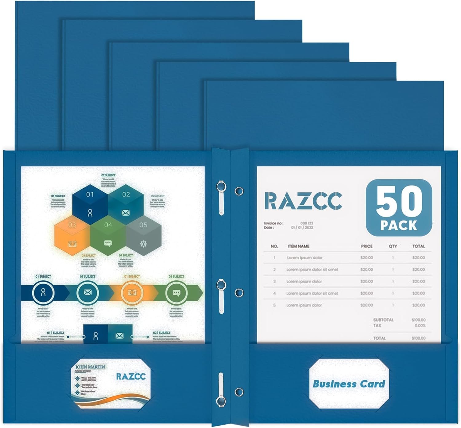 Two Pocket Folders, RAZCC 50 Pack Two Pocket Folders with Prongs, 3 Prong Folders Fit Letter Size Paper, Pocket File Folders for School Office Home Business, Dark Blue
