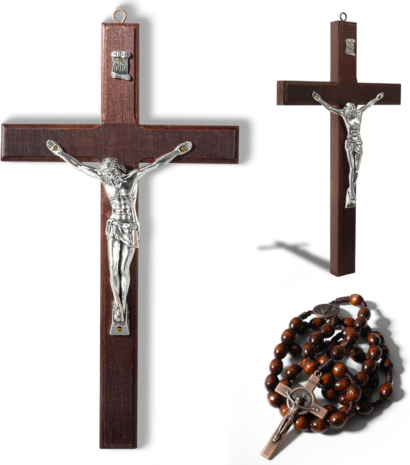 7 Inch Catholic Crucifix Wall Cross, Wooden Jesus Cross with Rosary