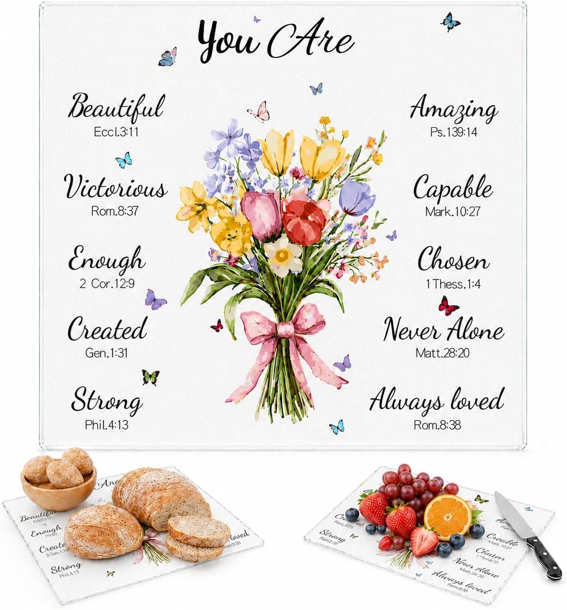 Christian Gifts for Women, Tempered Glass Cutting Board with Bible Verse & Floral Design, Inspirational Religious Present for Her, Stain-Resistant Charcuterie Serving Tray, Kitchen Decor, 11×12″