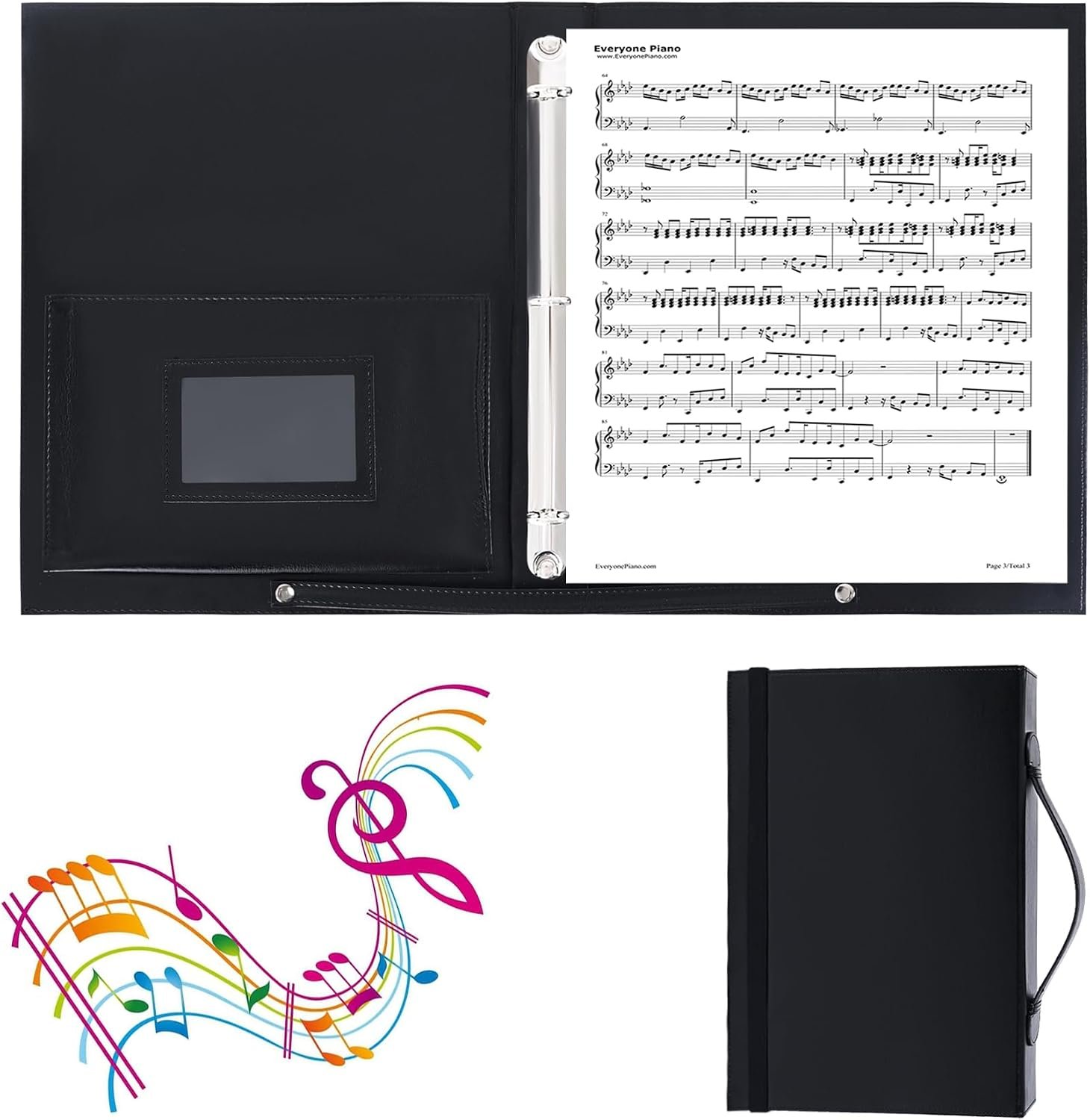 Choir Music Folder, 3 Ring Black Binder with Adjustable Band,Sheet Music Folder fit Letter Size, for Choral Performances at Concerts
