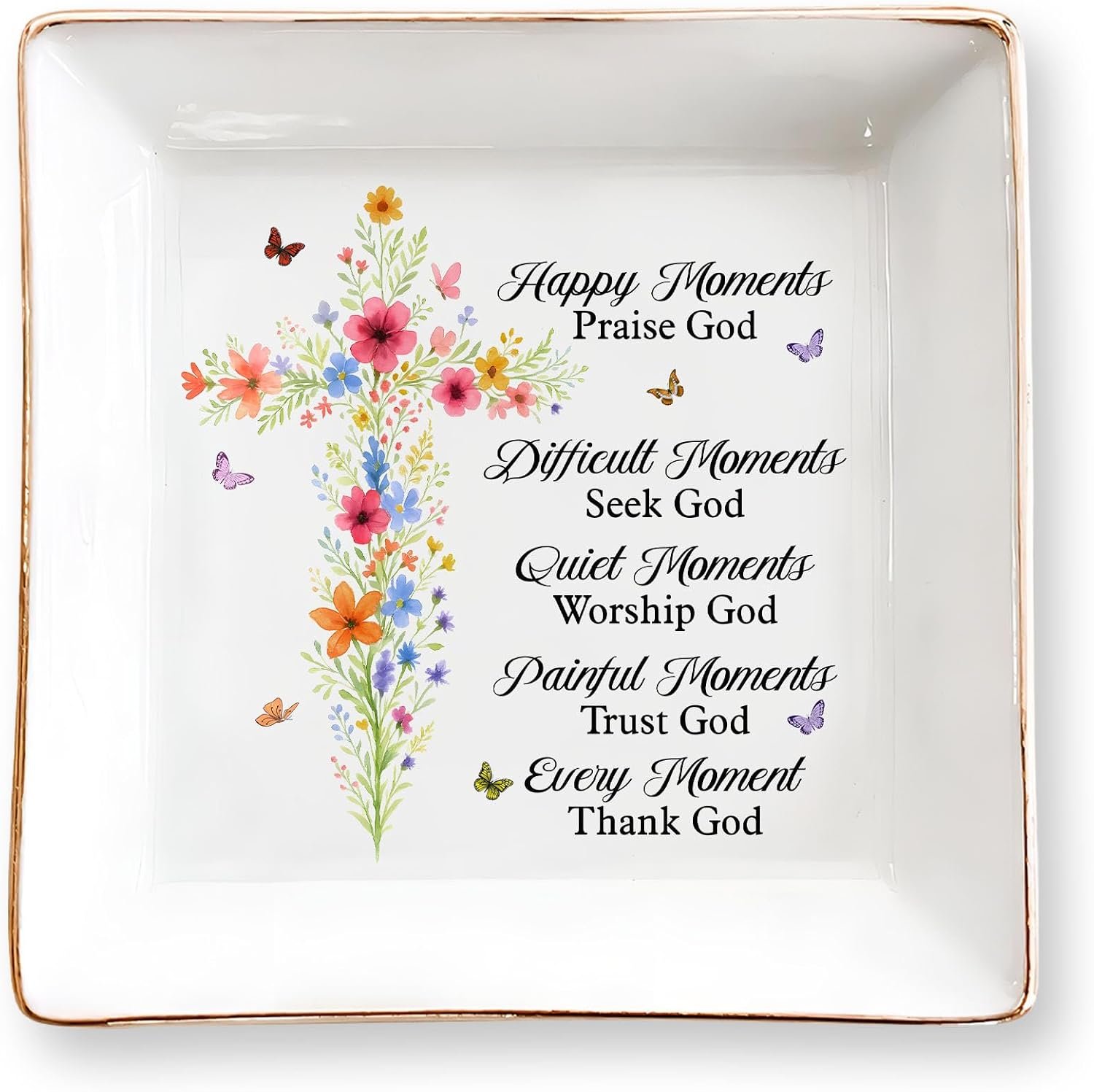 Christian Gifts for Women, Faith Inspirational Gifts – Floral Cross 4″ Jewelry Dish, Religious Gift for Mom, Sister, Daughter, Friends – Catholic Bible Verse, Communion, Confirmation Gift for Her