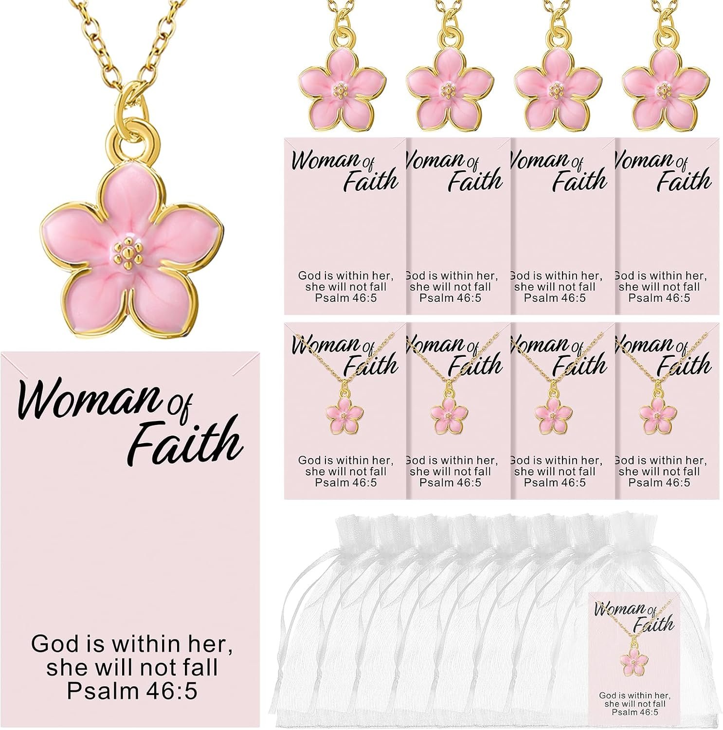 12 Set Women Faith Necklace Bulk Pink Flower Church Gift for Mom