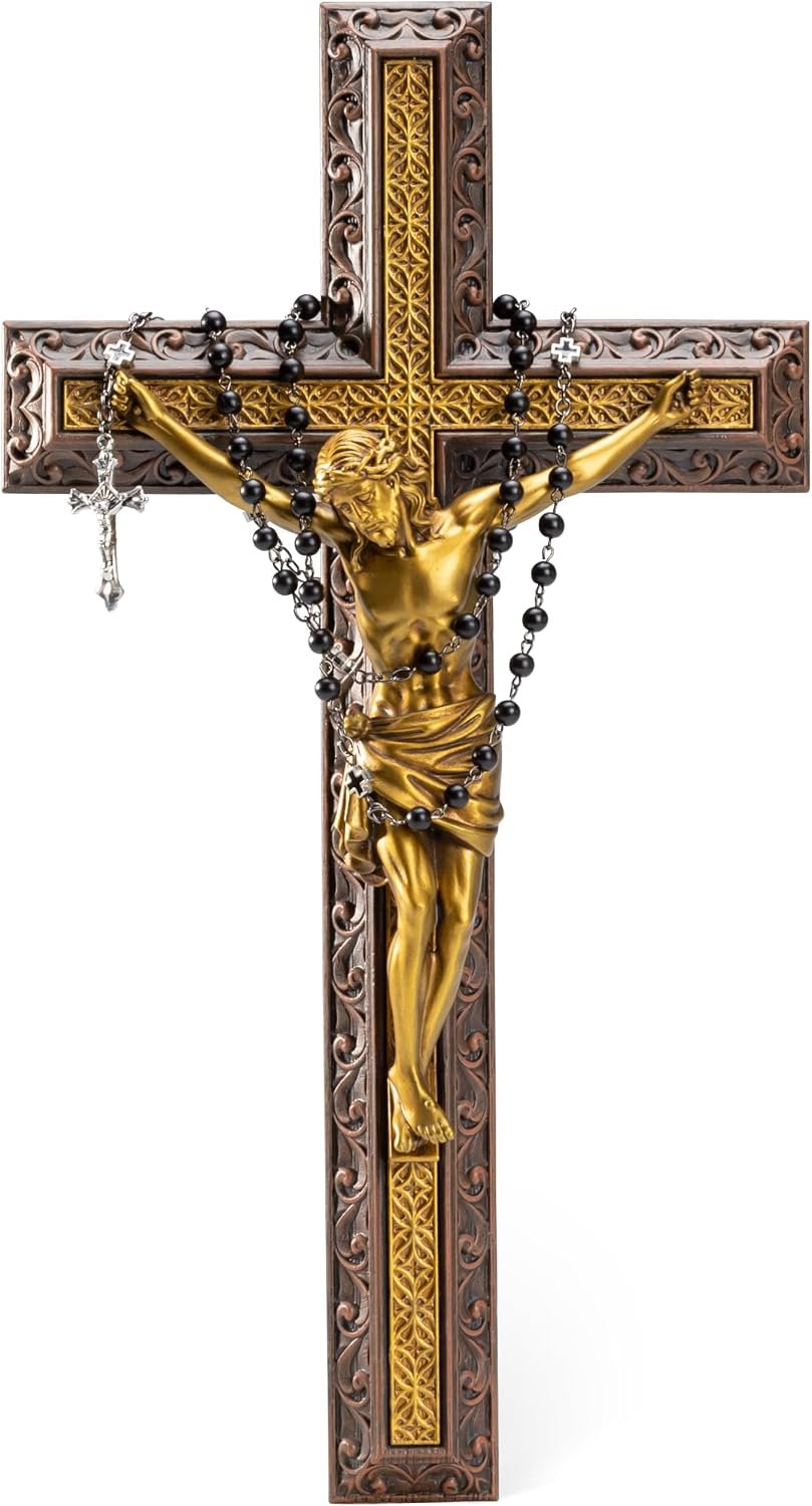 BC Catholic 14.2″H Crucifix Wall Cross with Black Ebony Wood Rosary
