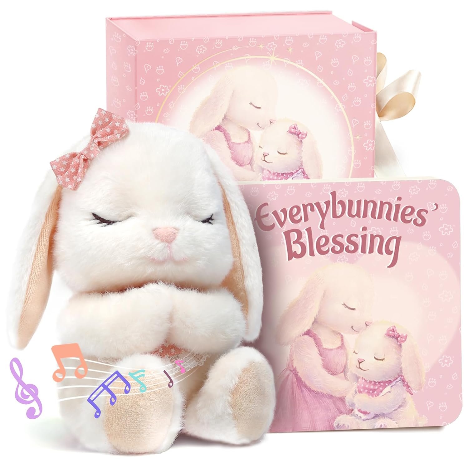 Baptism Gifts for Girl, Catholic Christening, Baby Dedication & Baptismal Gift Set for Baby Girls & Kids, with 9″ Musical Praying Bunny Plush Toy & Everybunnies’ Blessing Book in Keepsake Box