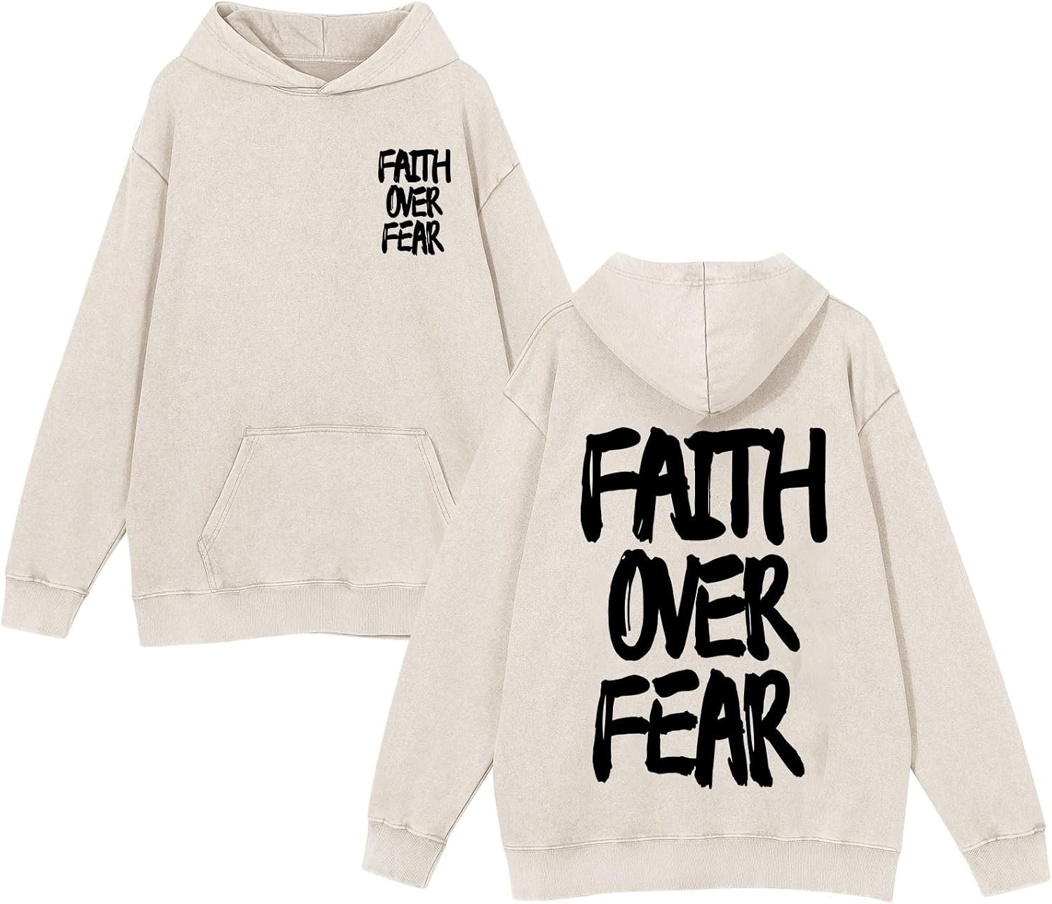 Christian Hoodies for Men Faith Over Fear Graphic Hoodie Jesus Religious Sweatshirts Vintage Acid Wash Pullover Tops