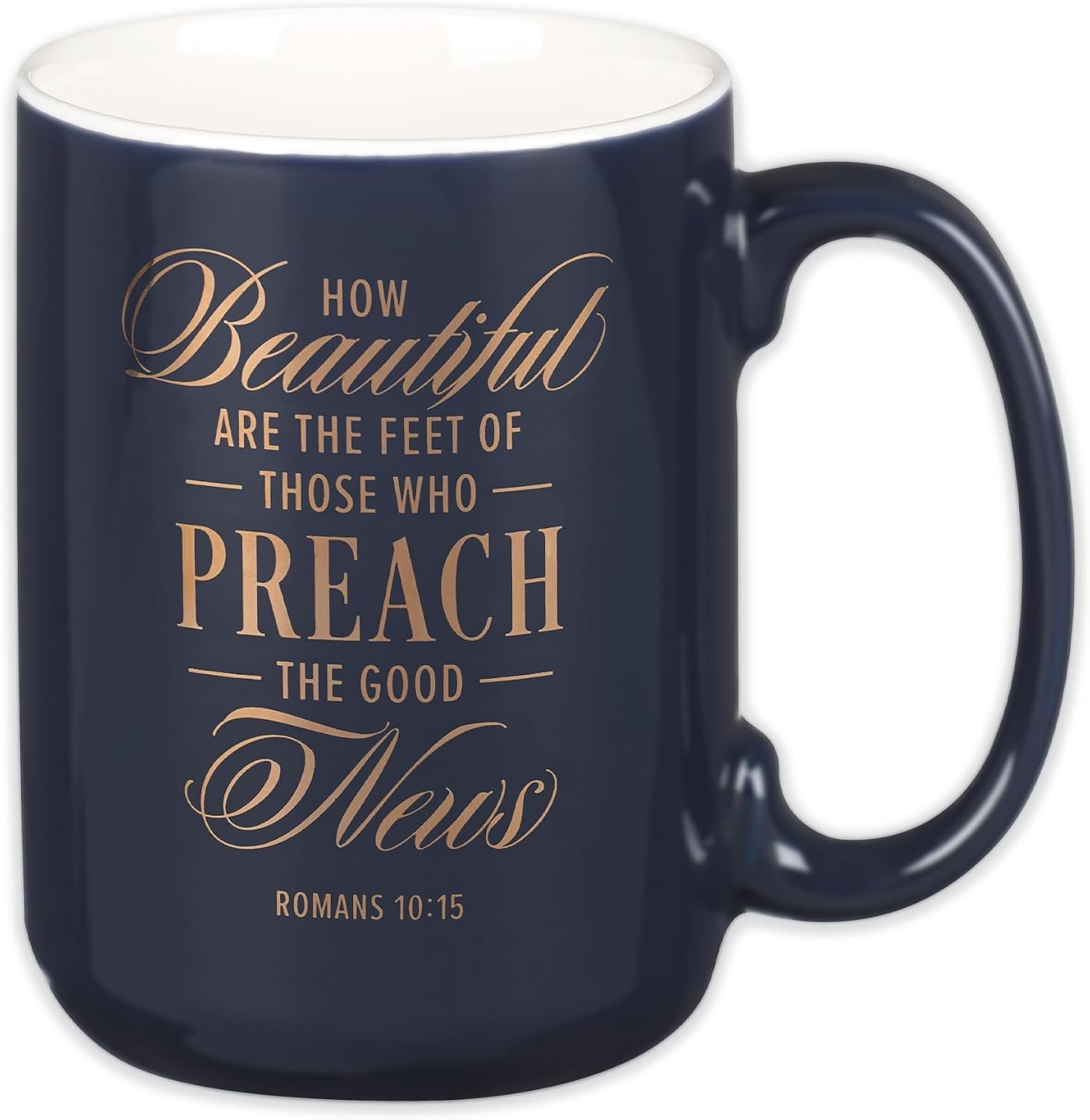 Christian Art Gifts Large Matted Ceramic Coffee & Tea Mug for Pastors: Preach the Good News Golden Inspirational Scripture, Lead & Cadmium-free Sturdy Novelty Mens Drinkware, Navy Blue & White, 14 oz.