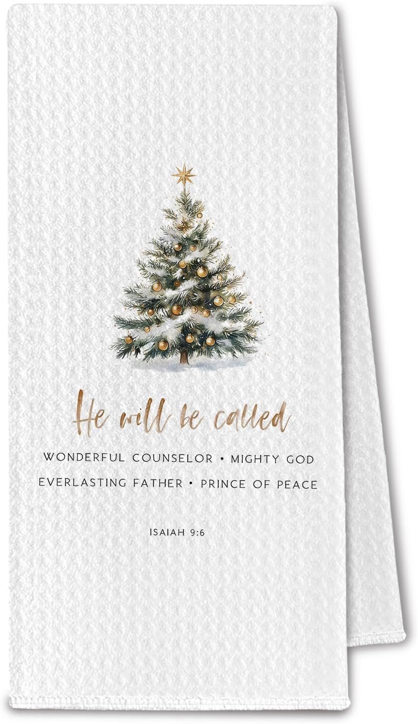 Christian Christmas Tree Kitchen Towels, Isaiah 9:6 Bible Verse Dish Towels Drying Cloth for Kitchen, Glitter Xmas Tree Religious Decorative Hand Towel for Bathroom, 16×24 Inch